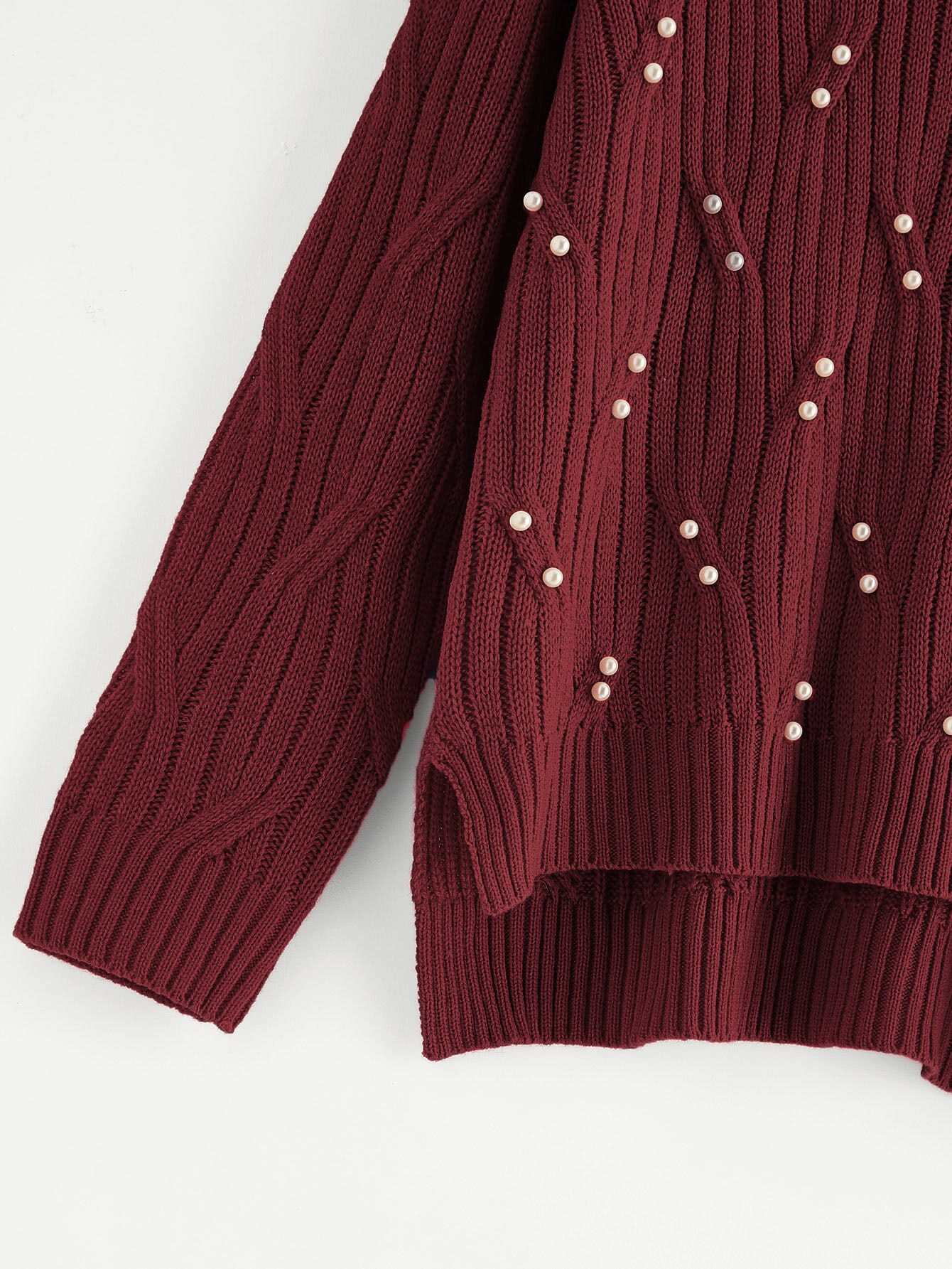 Pearl Beaded Dip Hem Textured Jumper SheIn(Sheinside)