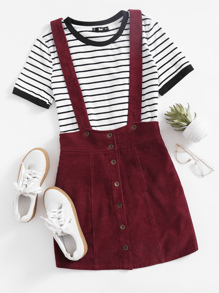 Button Up Cord Pinafore Skirt