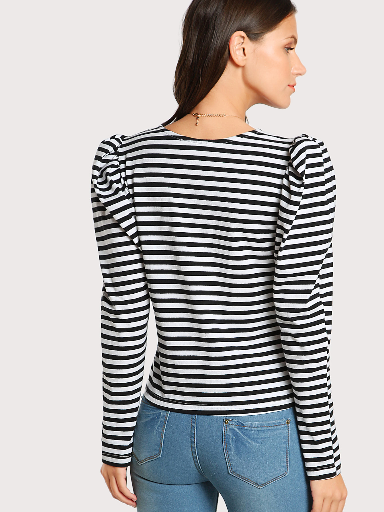Striped Long Puff Sleeve Top SheIn(Sheinside)