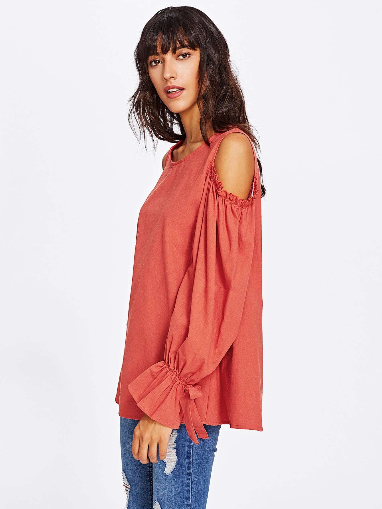 Open Shoulder Bow Tie Ruffle Sleeve Blouse SheIn(Sheinside)