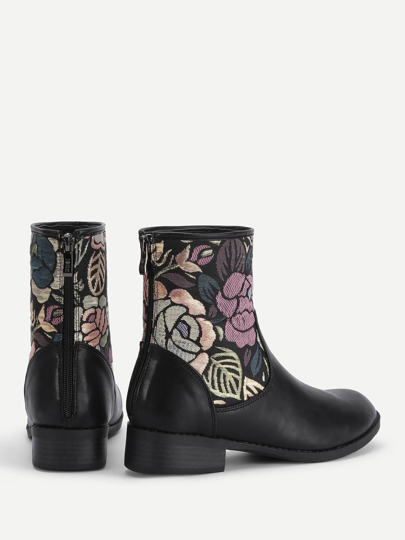 Flower Embroidery PU Ankle Boots SheIn(Sheinside)