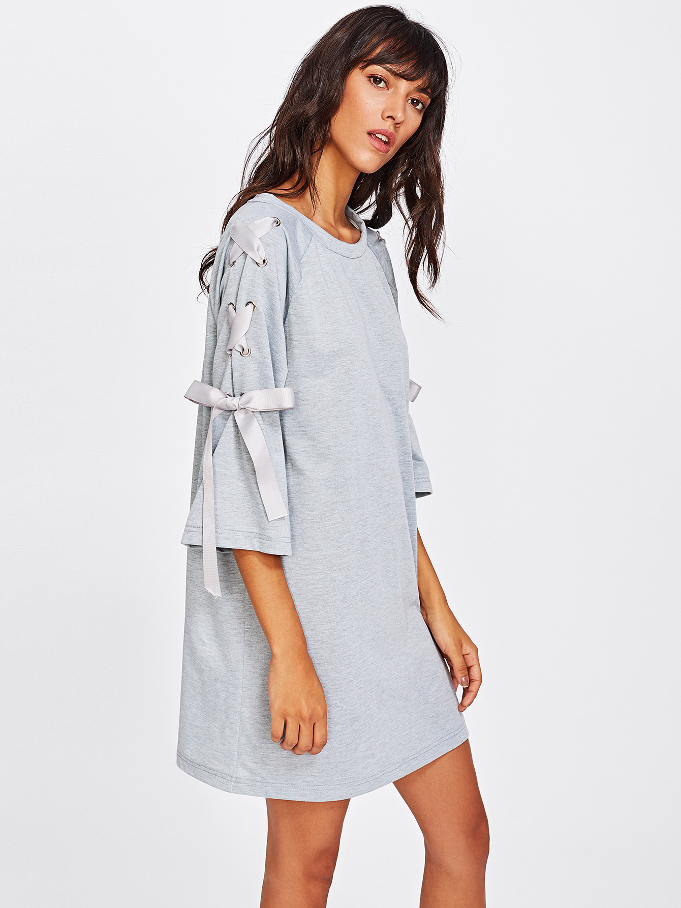 Ribbon Lace Up Raglan Sleeve Marled Tee Dress