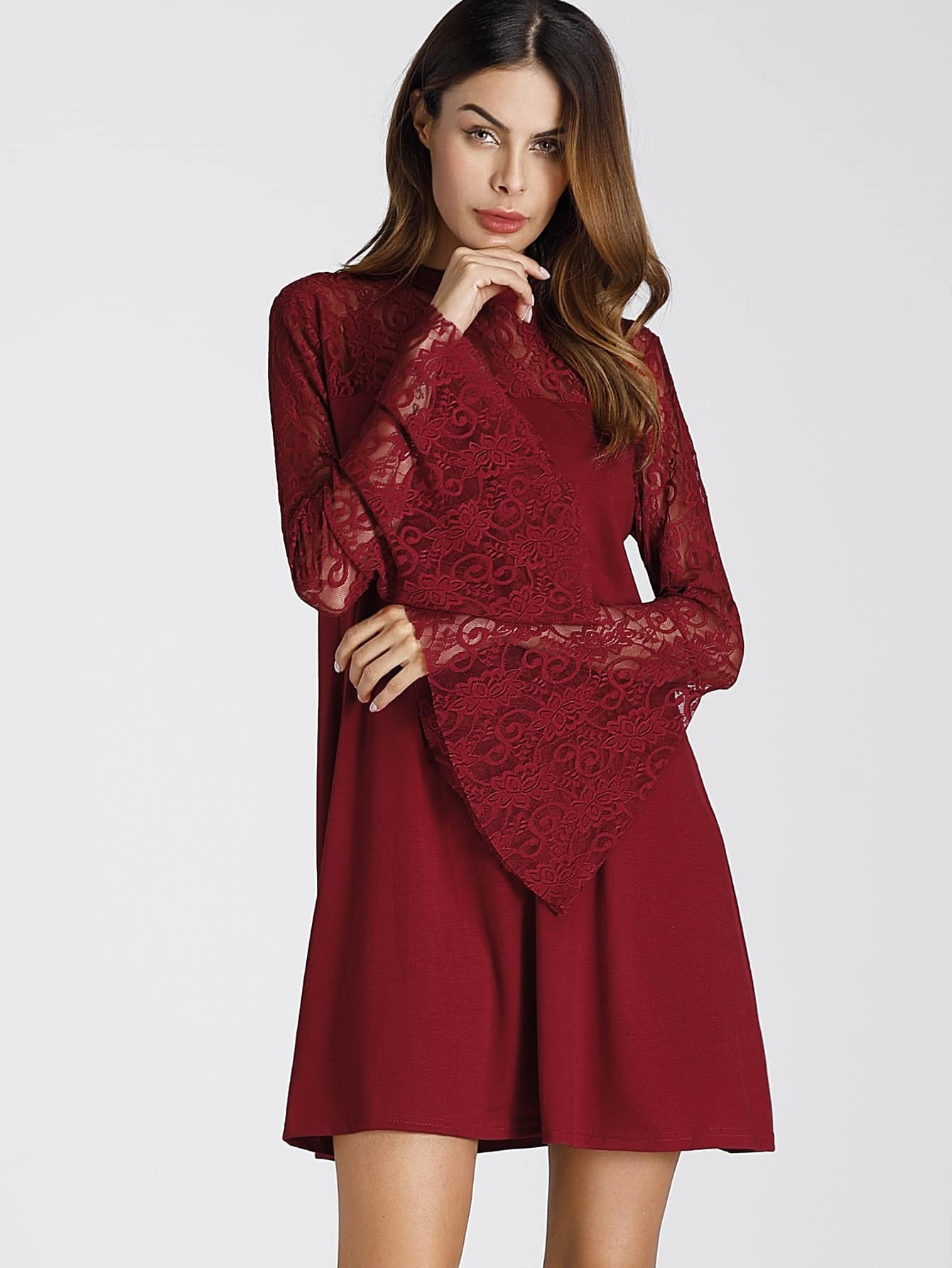 Embroidered Lace Insert Flute Sleeve Dress SheIn(Sheinside)