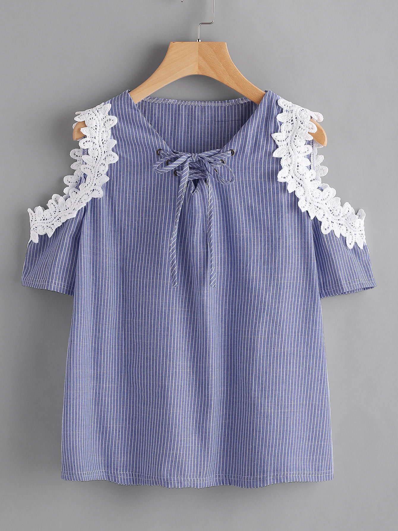 Crochet Applique Trim Open Shoulder Lace Up Pinstriped Top