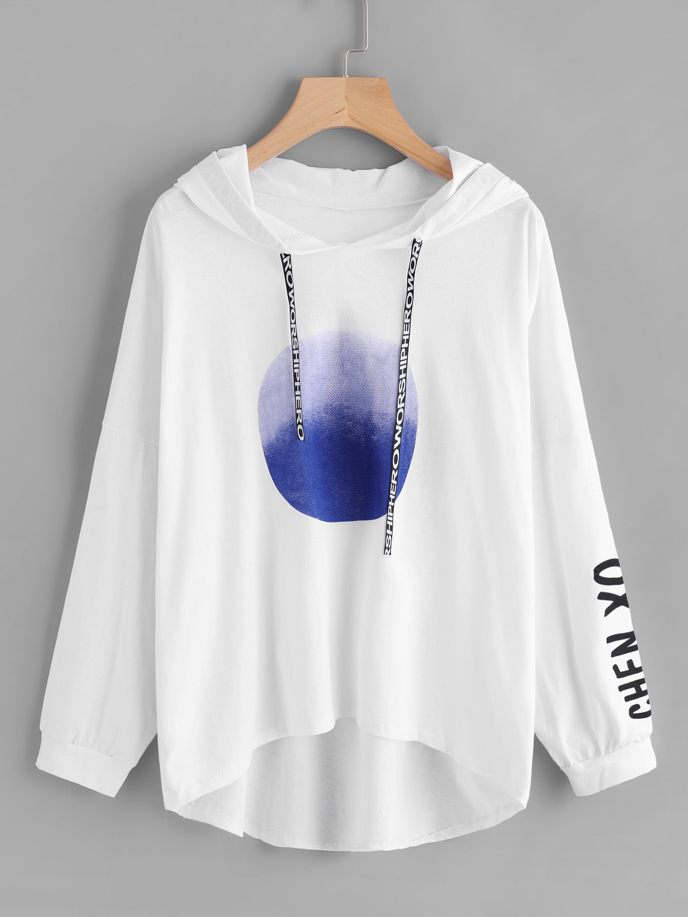 Letter Tape Detail Drop Shoulder Dip Hem Hoodie