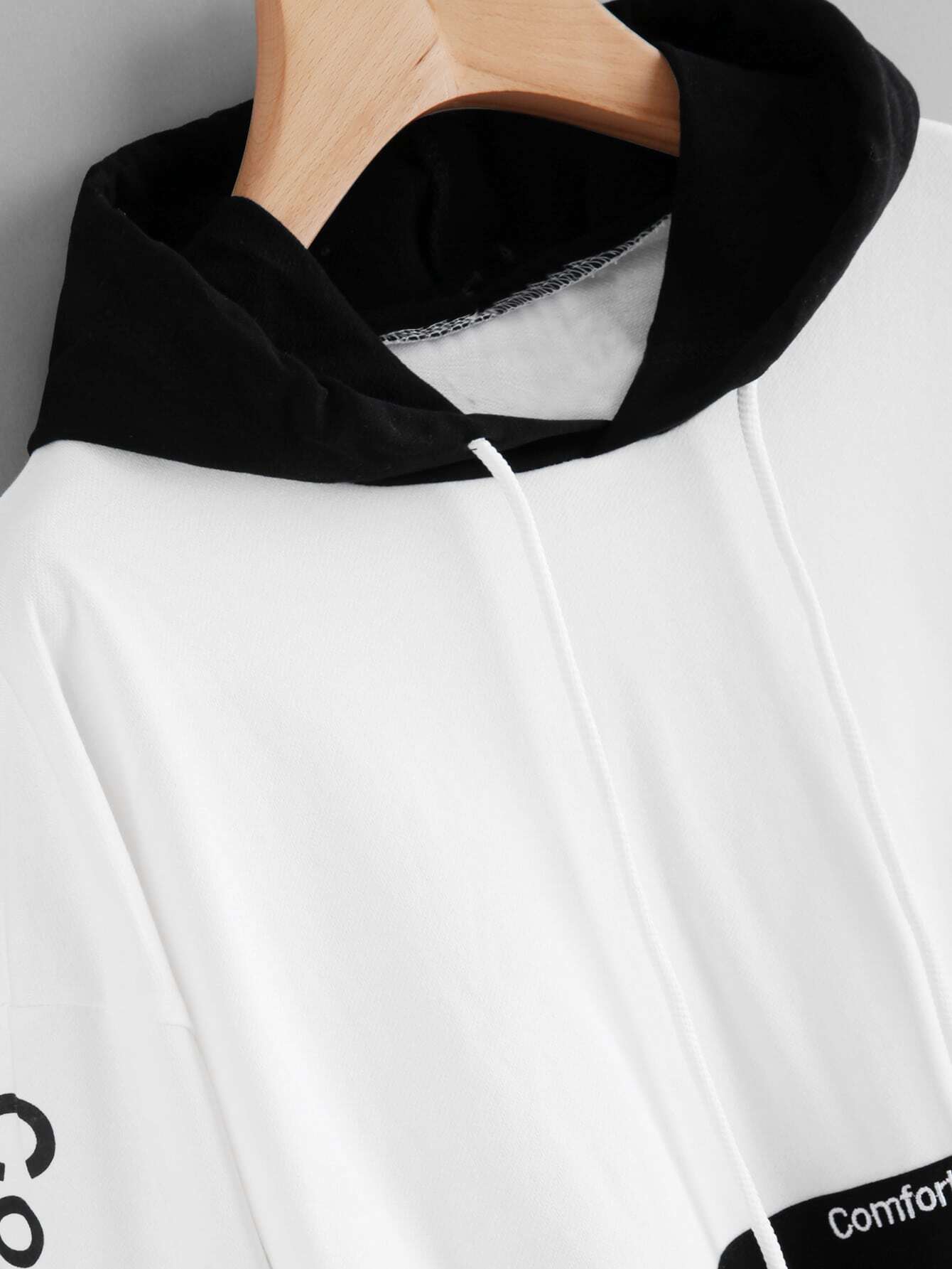 Letter Embroidered Kangaroo Pocket Color Block Hoodie SheIn(Sheinside)