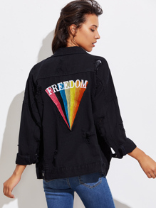 Rainbow Embroidered Back Ripped Denim Jacket