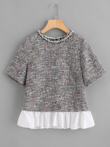 Contrast Ruffle Hem Pearl Detail Tweed Top