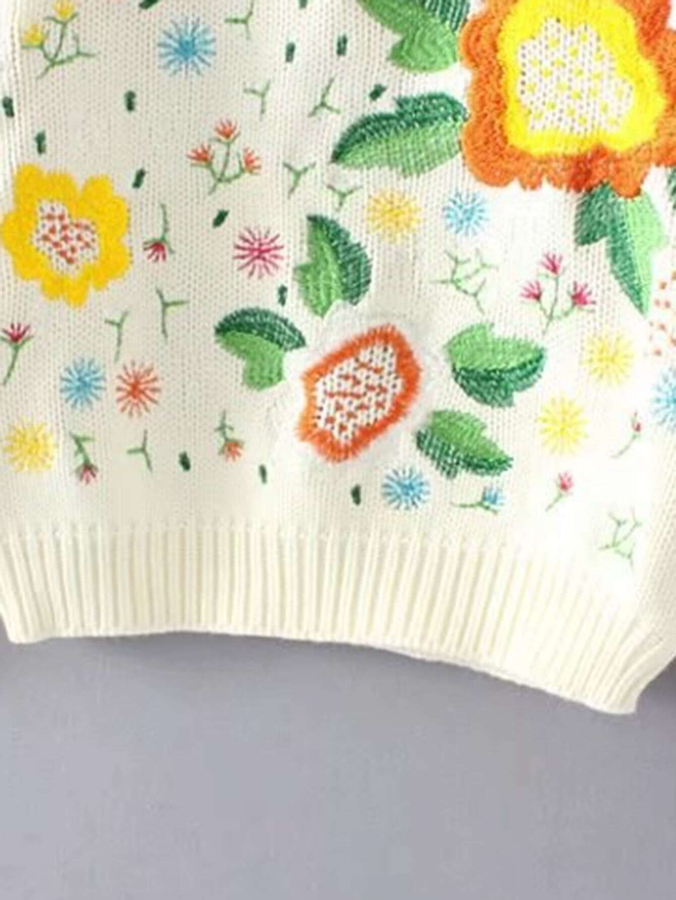 Flower Embroidery Ribbed Trim Sweater SheIn(Sheinside)