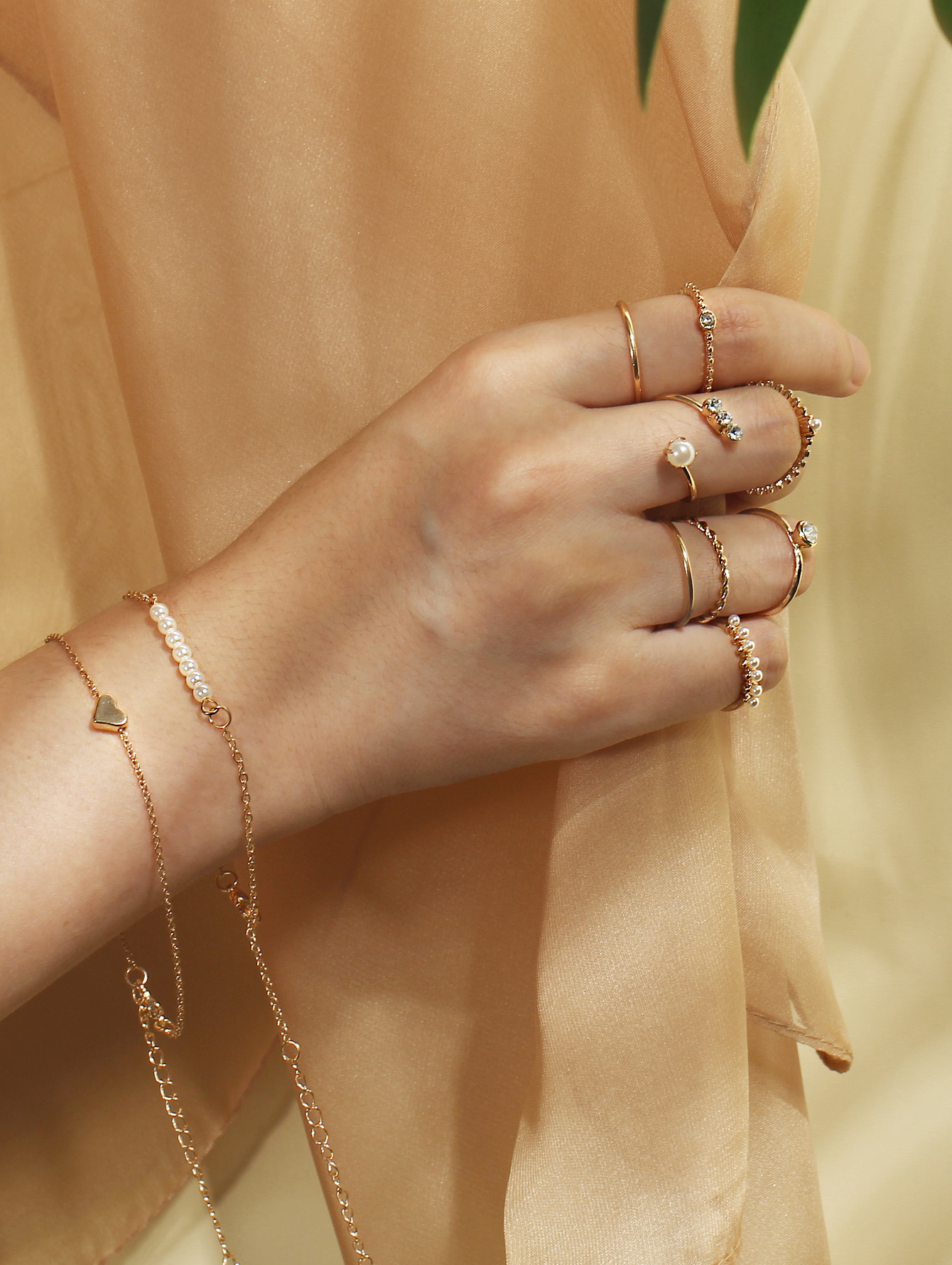 Faux Pearl Detail Rings & Link Bracelets Set