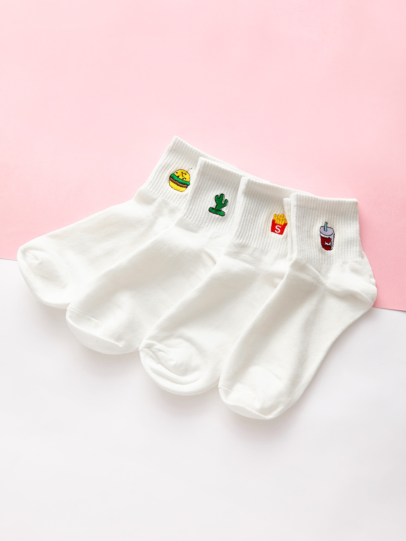 Cartoon Embroidery Design Ankle Socks 4pairs SheIn(Sheinside)
