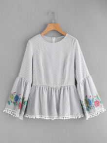 Pom Pom Trim Embroidered Trumpet Sleeve Top