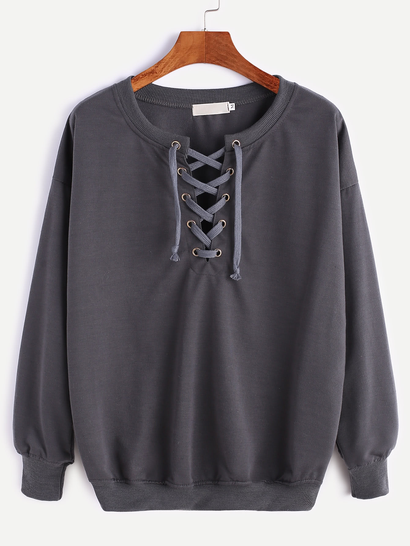 Dark Grey Ribbed Trim Drop Shoulder Lace Up Sweatshirt