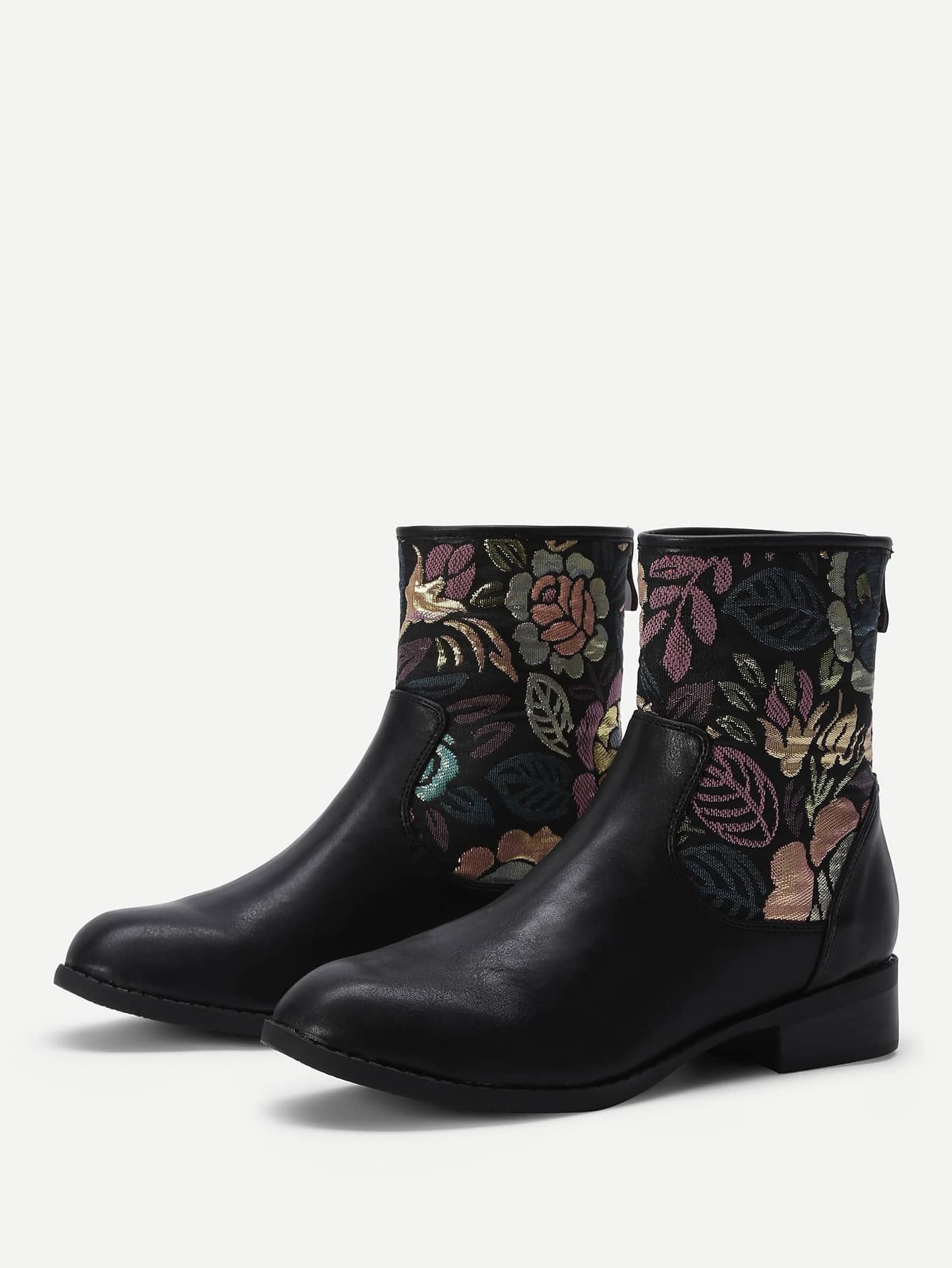 Flower Embroidery PU Ankle Boots SheIn(Sheinside)