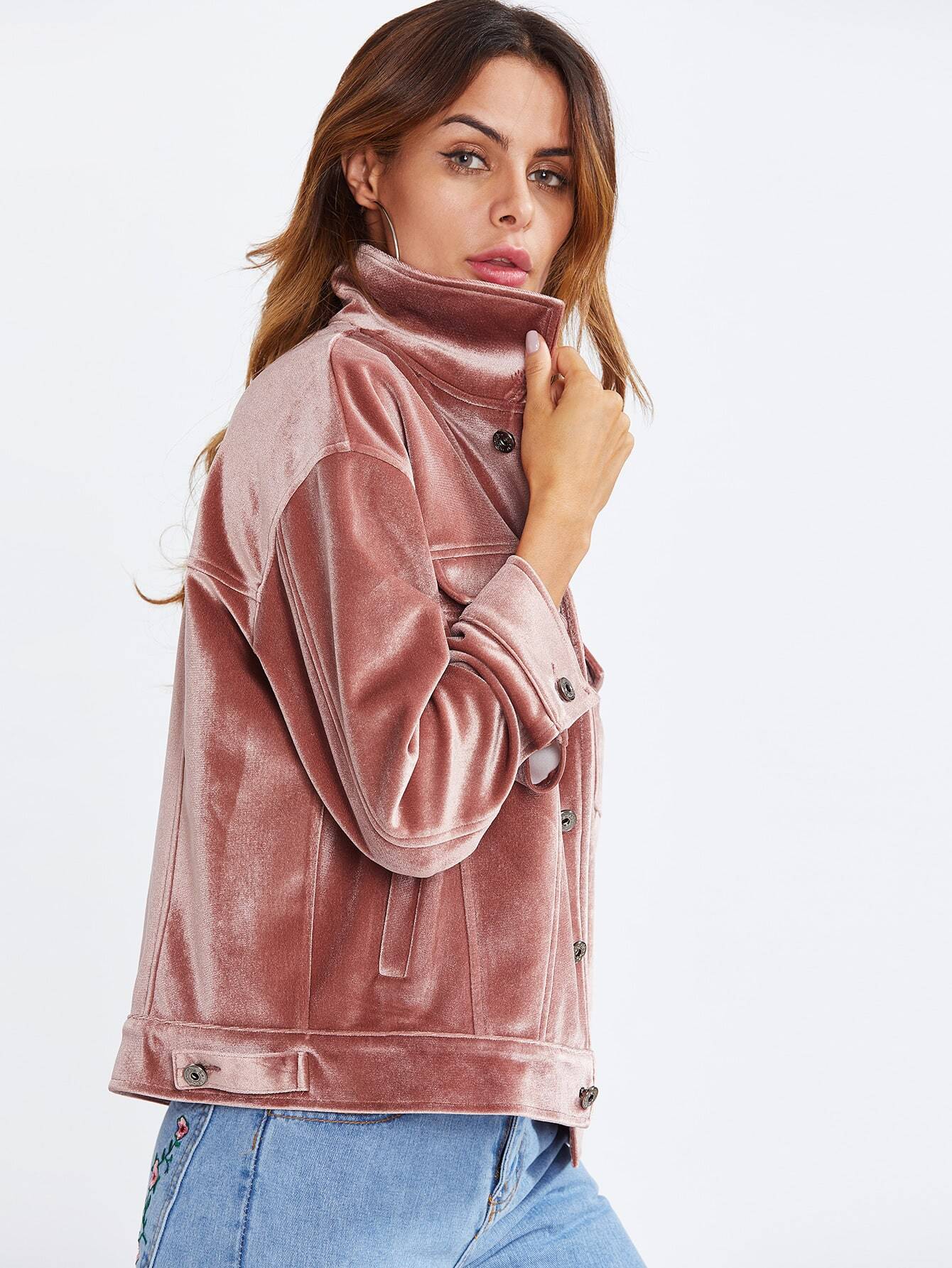 Pocket Front Button Up Velvet Jacket SheIn(Sheinside)