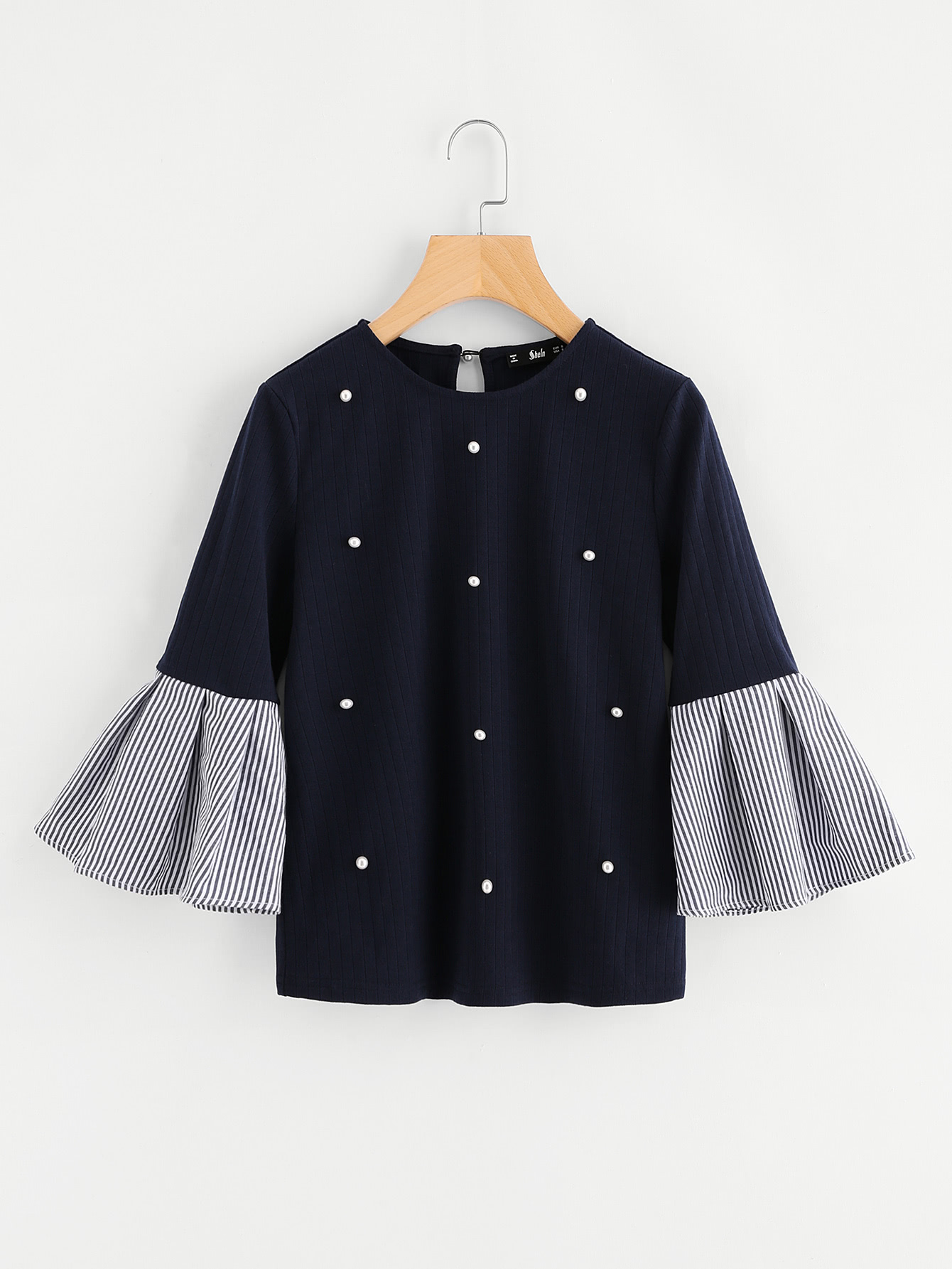 Striped Bell Sleeve Pearl Beading Keyhole Back Top