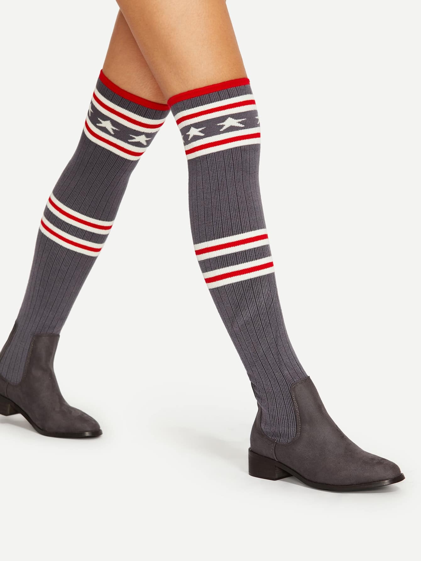 Striped Detail Thigh High Knit Sock Boots SheIn(Sheinside)