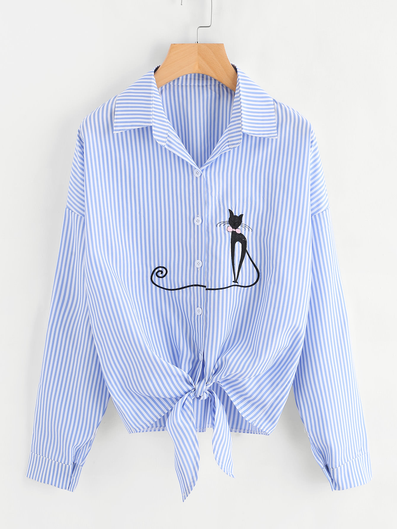 Drop Shoulder Cat Embroidered Knotted Hem Shirt