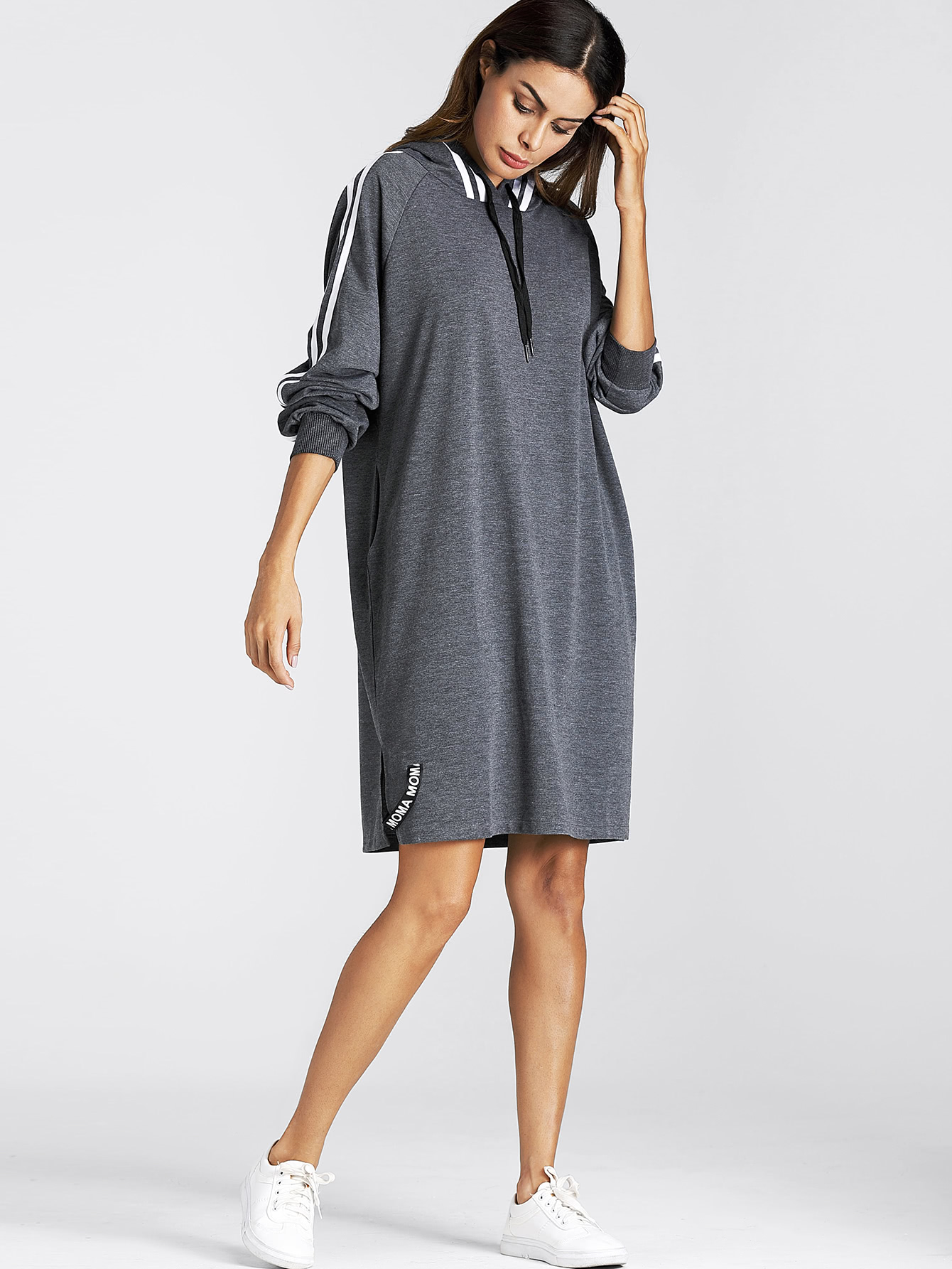 Tape Trim Letter Ribbon Detail Raglan Hoodie Dress