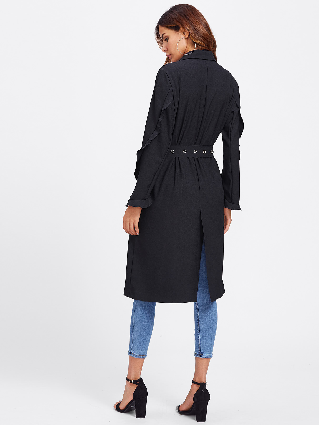 Split Back Trench Coat With Eyelet Belt SHEIN(SHEINSIDE)