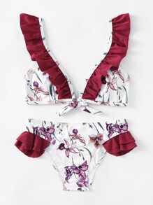 Flower Print Ruffle Bikini Set