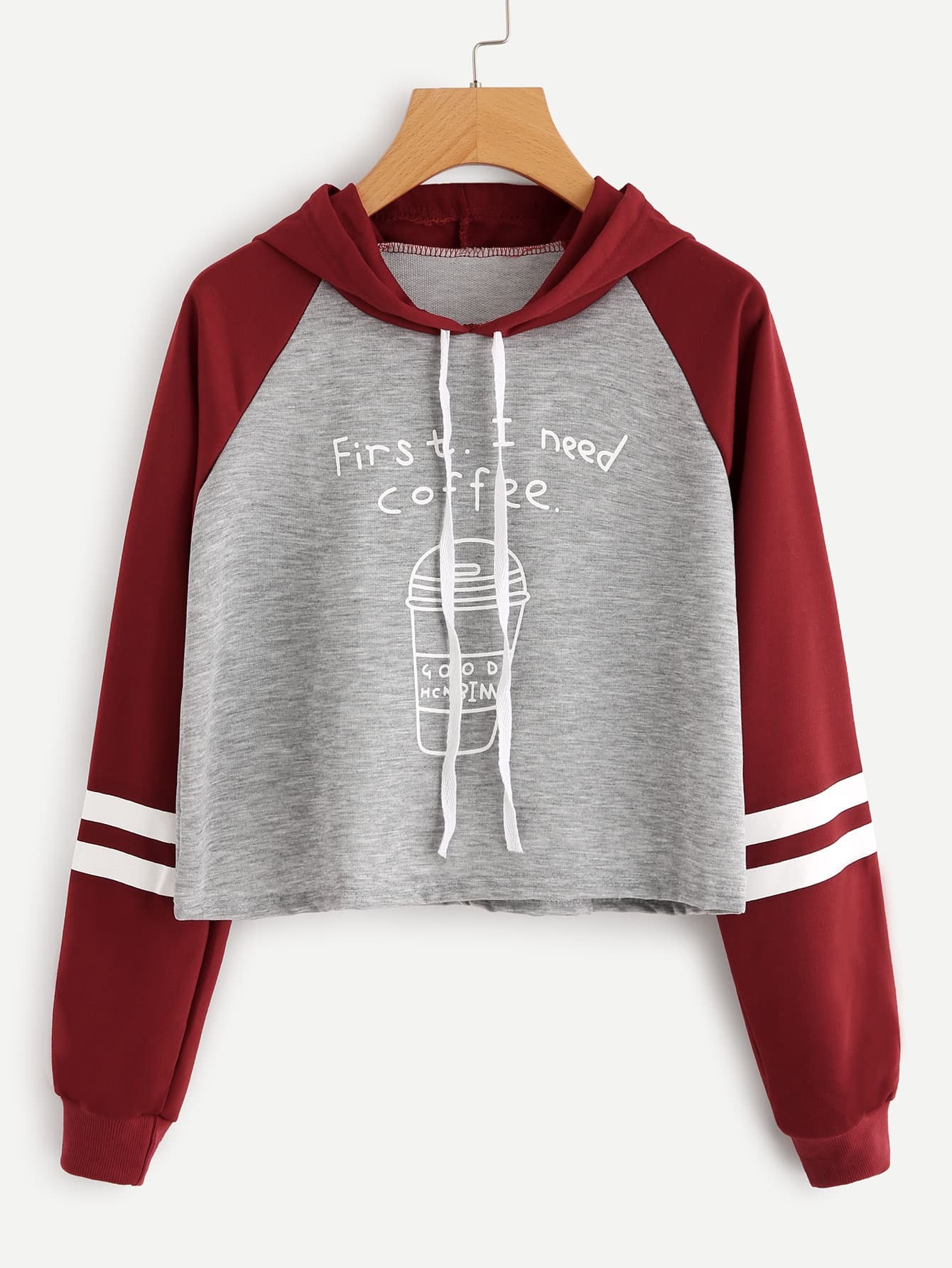 Varsity-Striped Contrast Raglan Sleeve Graphic Print Hoodie