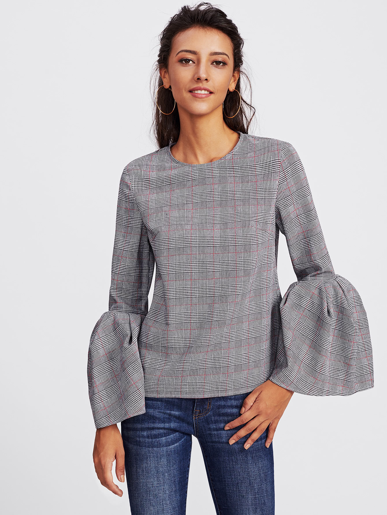 Exaggerate Trumpet Sleeve Buttoned Keyhole Check Top