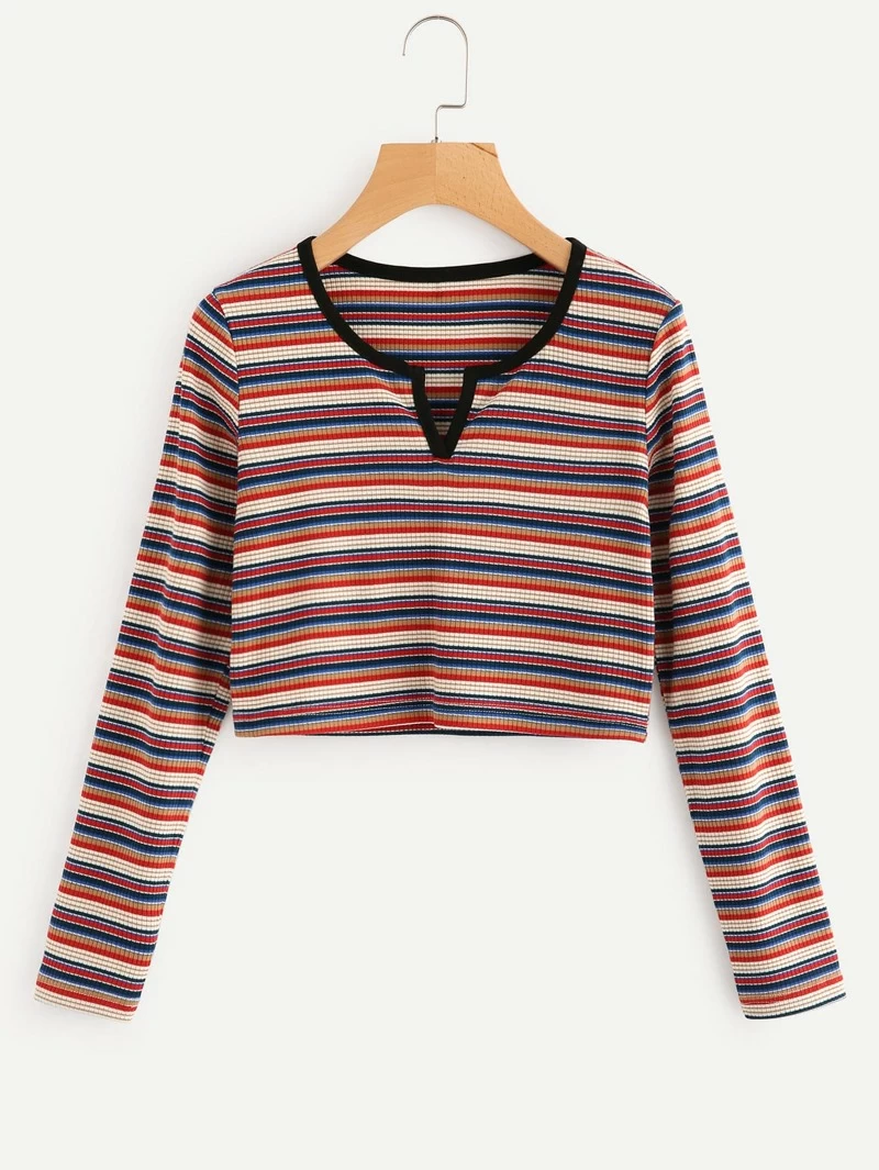 TeeRound Neck Sleeve Sleeve Neck Cut Striped Crop V Long PTIq1