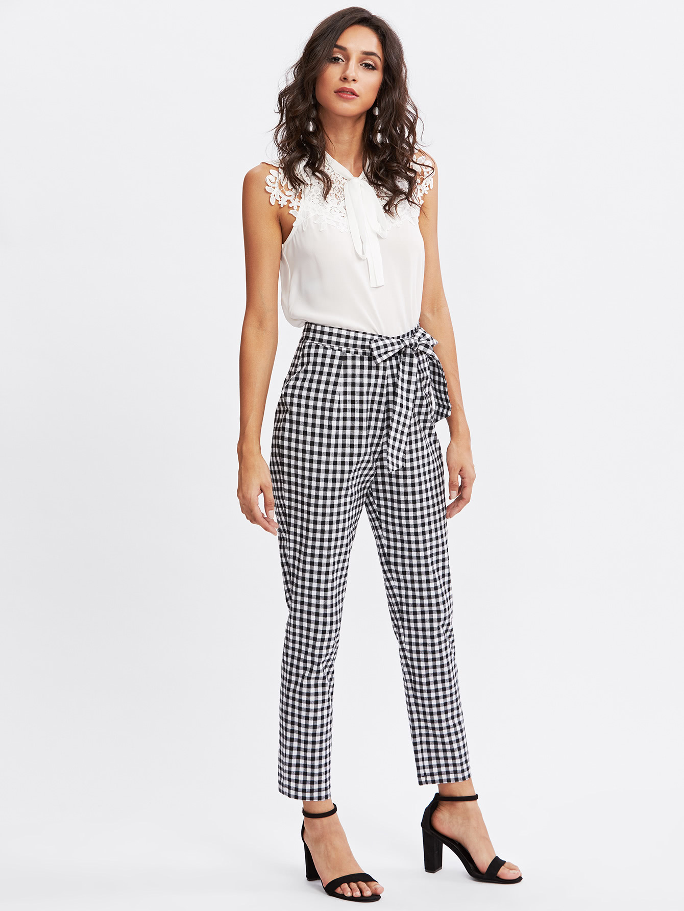 Checkered Bow Tie Waist Smoking Pants SheIn(Sheinside)