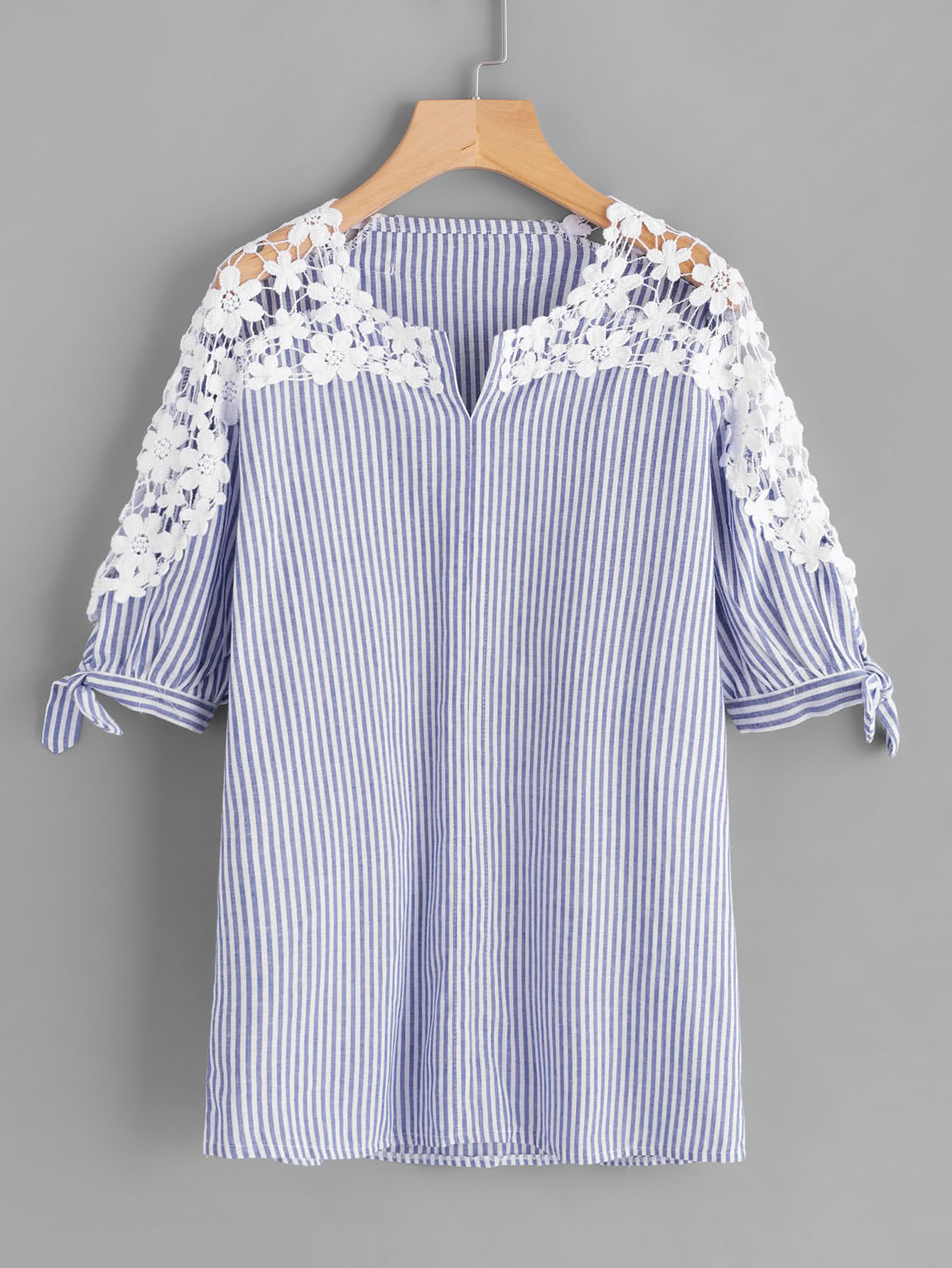 Hollow Out Crochet Panel Tie Cuff Striped Blouse