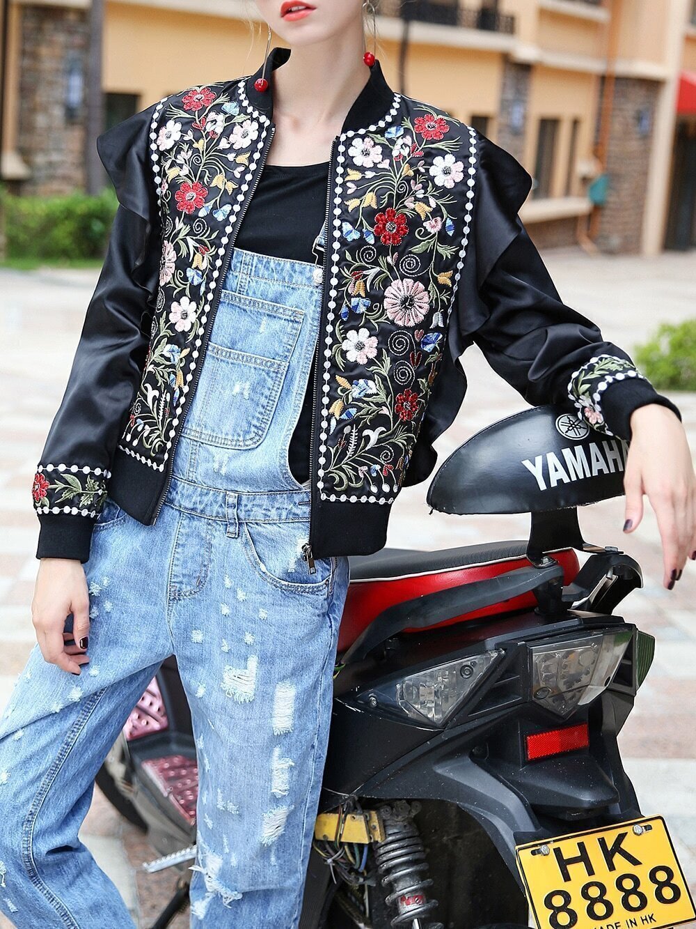 Flowers Embroidered Ruffle Zipper Jacket SheIn(Sheinside)