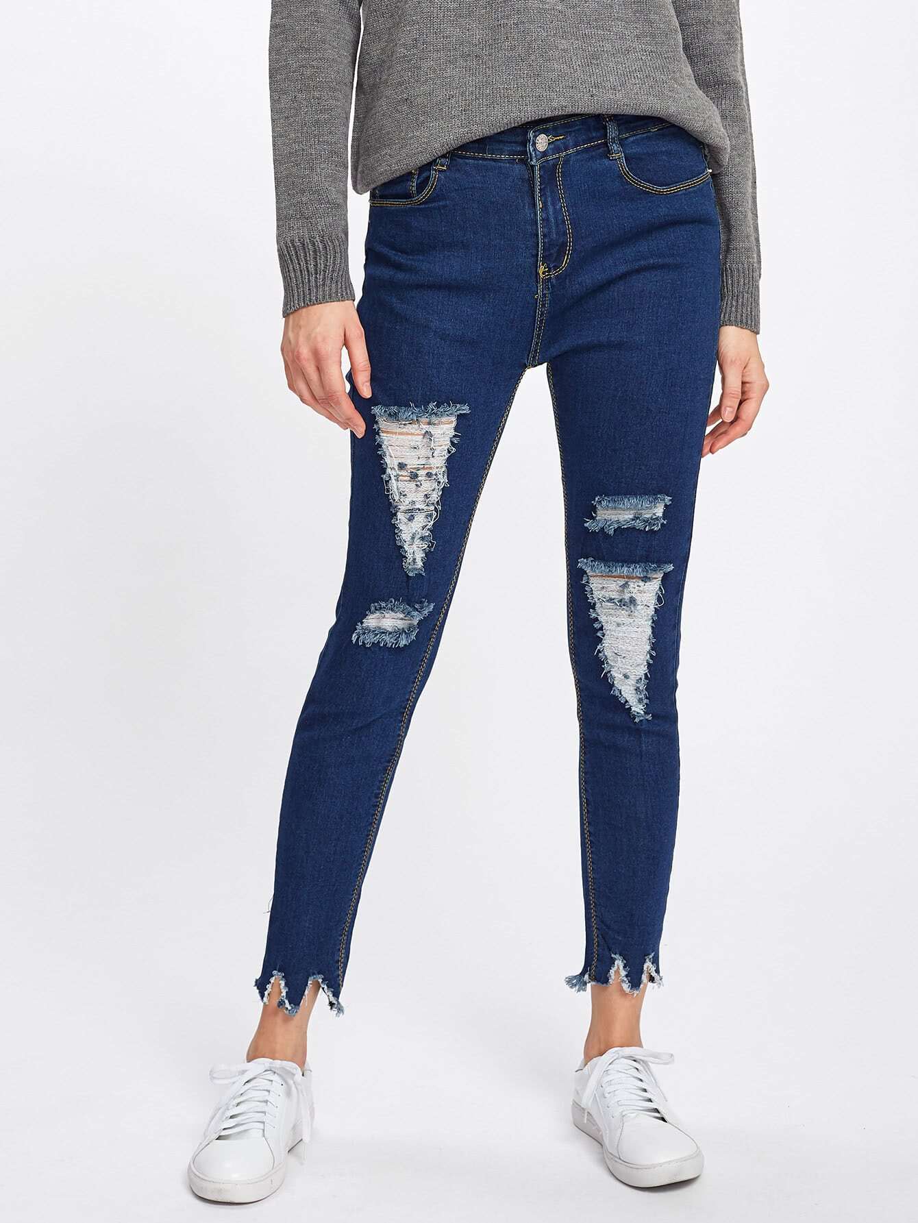 Distressed Raw Hem Denim Jeans SheIn(Sheinside)