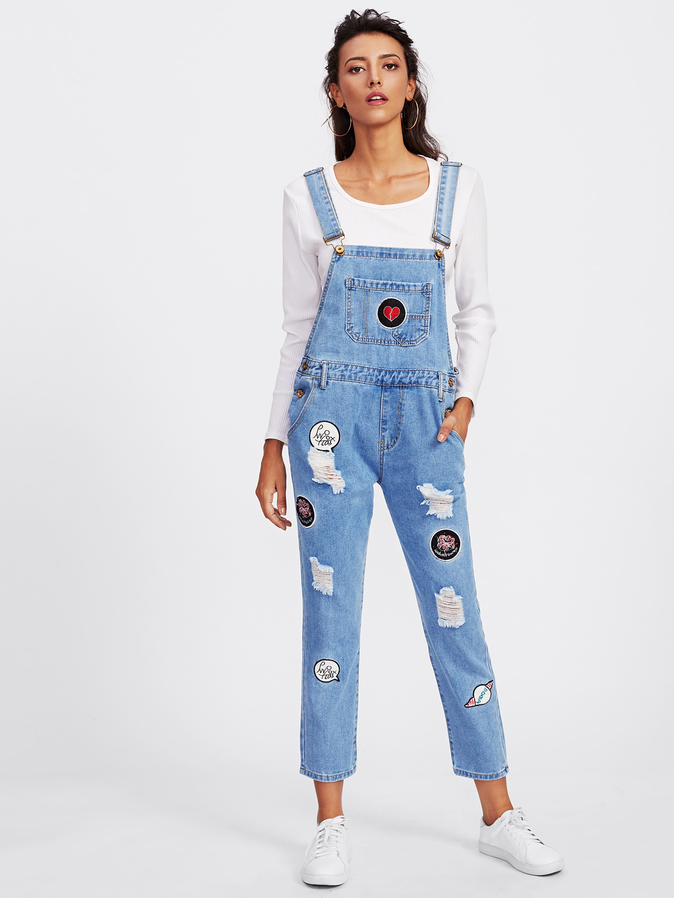 Embroidered Patch Ripped Overalls SheIn(Sheinside)