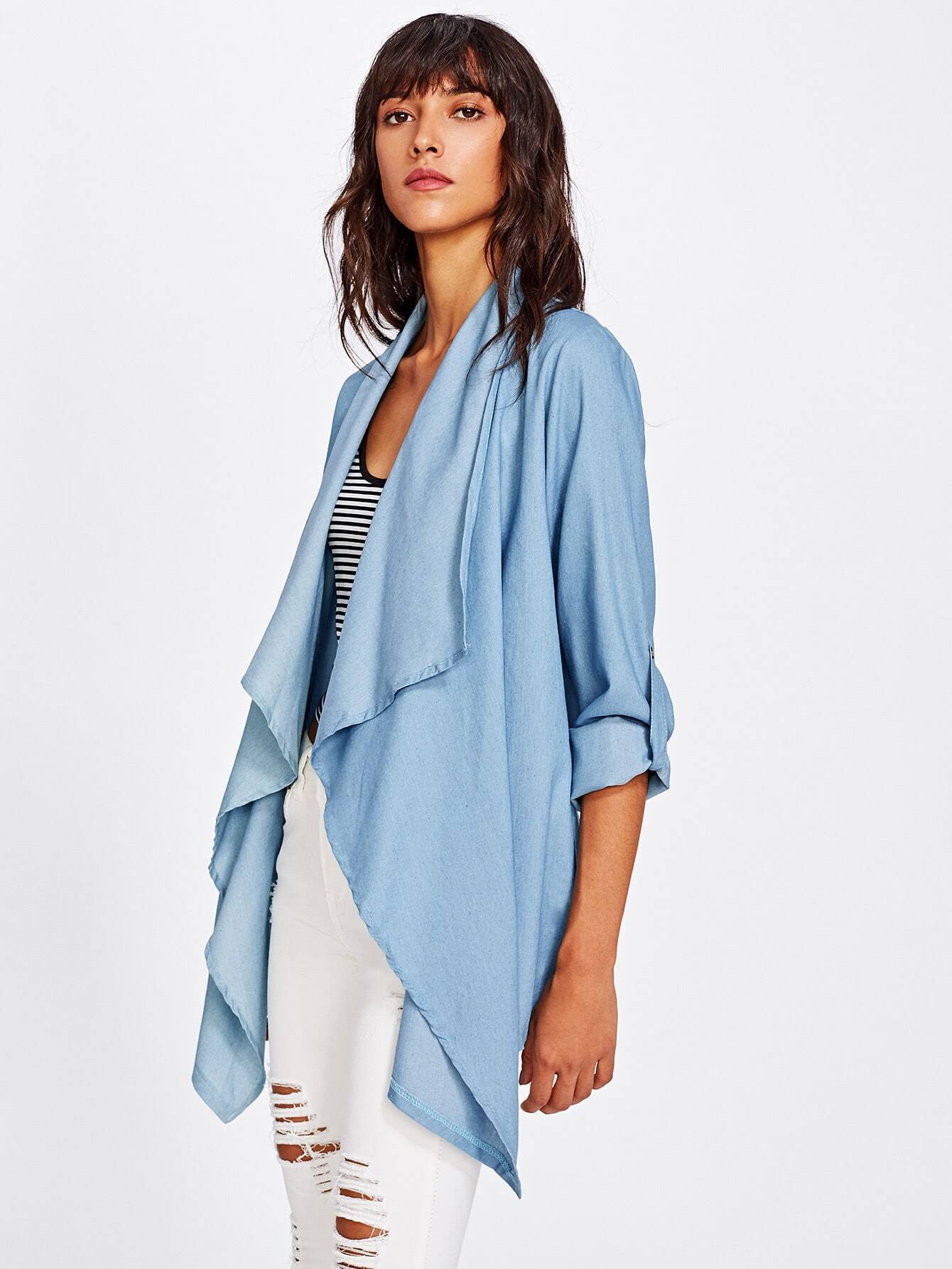 Rolled Sleeve Open Front Draped Coat SheIn(Sheinside)