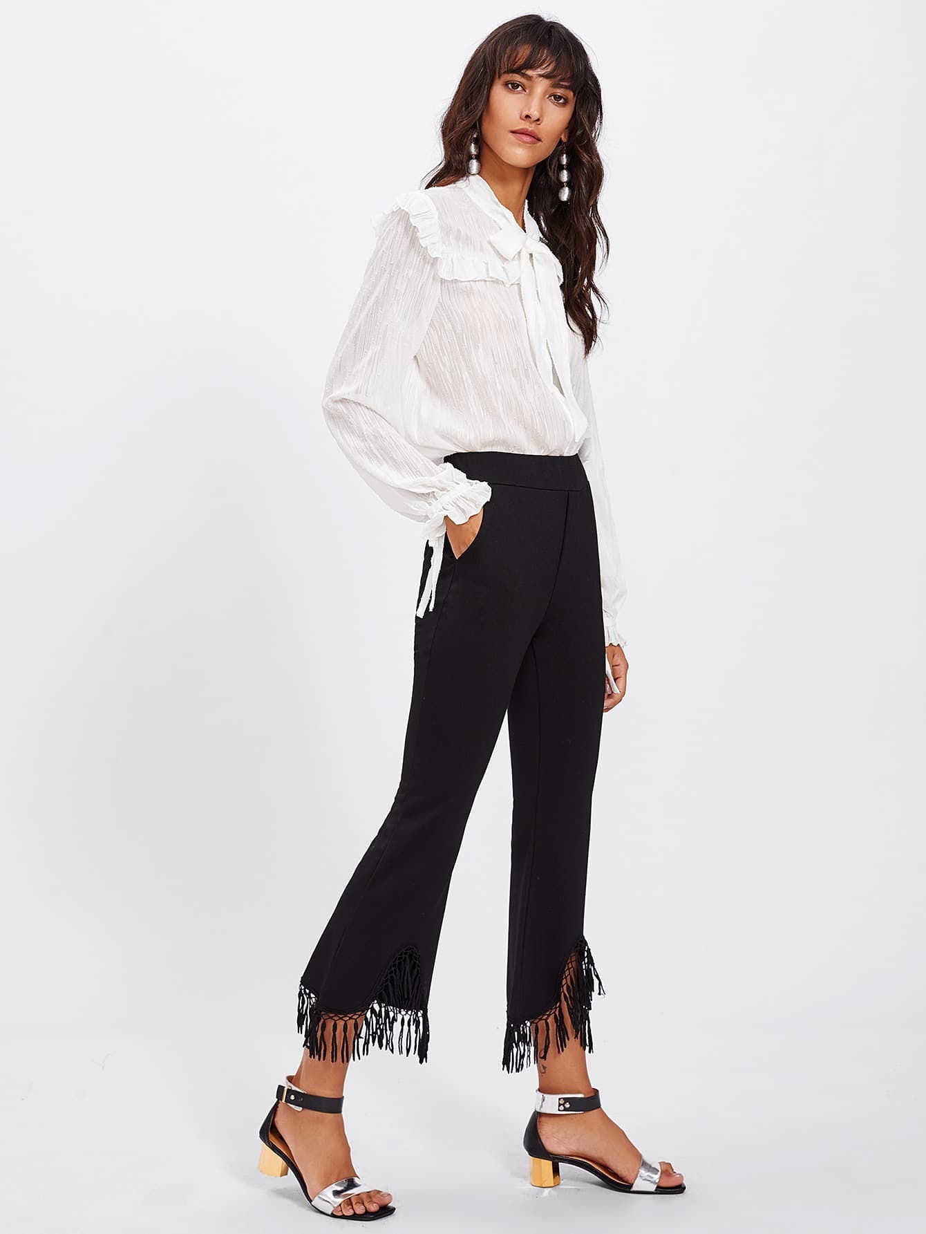 Raw Hem Fringe Flare Pants SheIn(Sheinside)