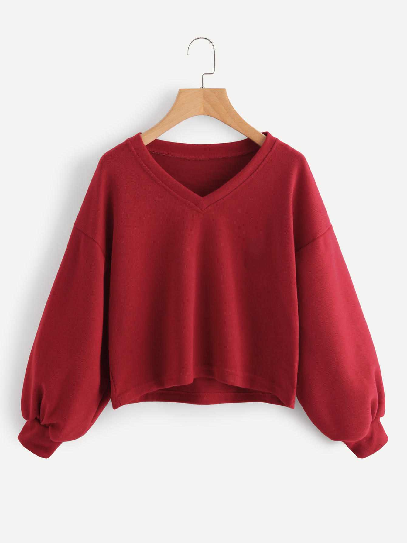 V Neckline Drop Shoulder Lantern Sleeve Sweatshirt