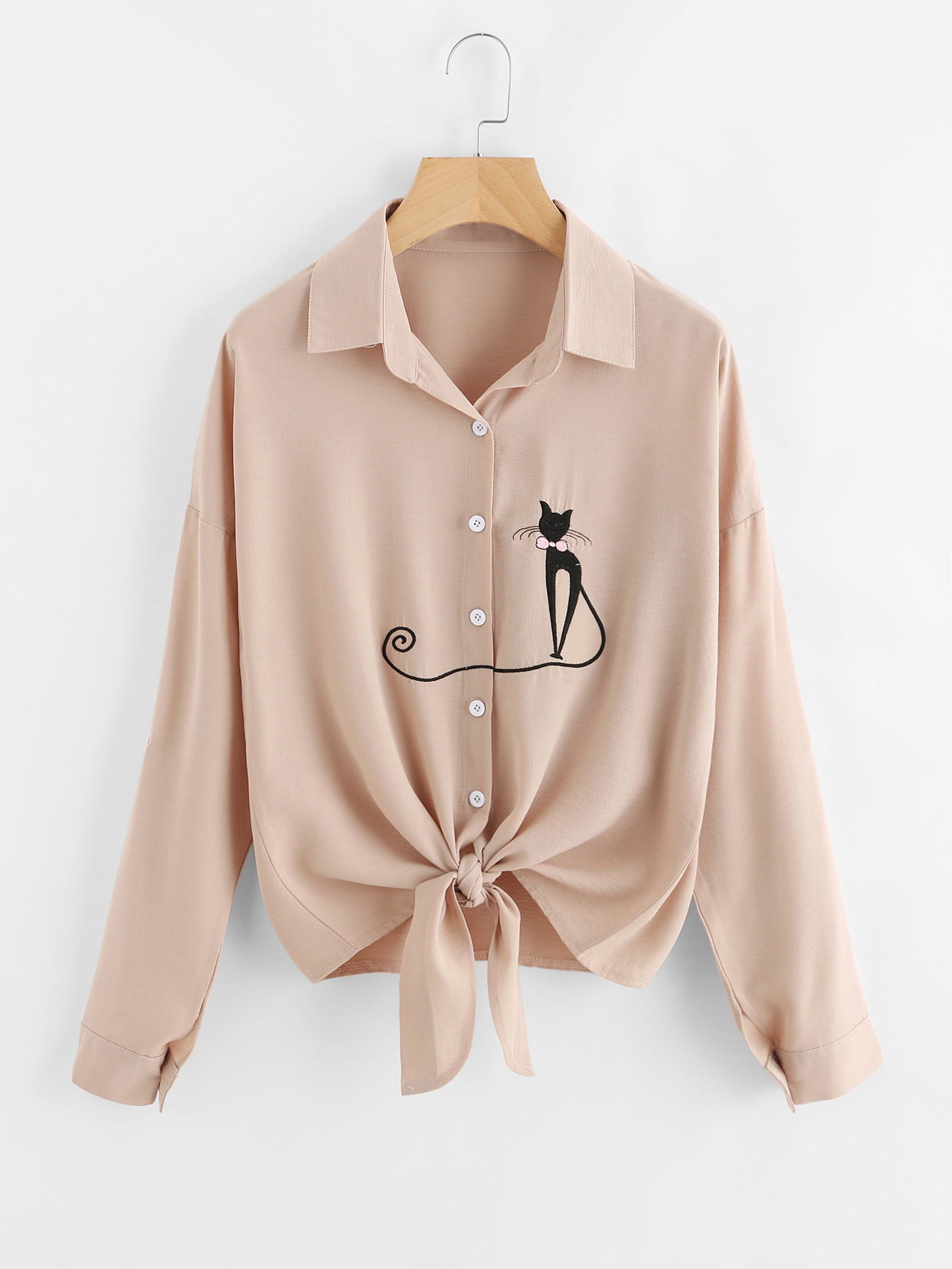 Drop Shoulder Cat Embroidered Knotted Hem Shirt
