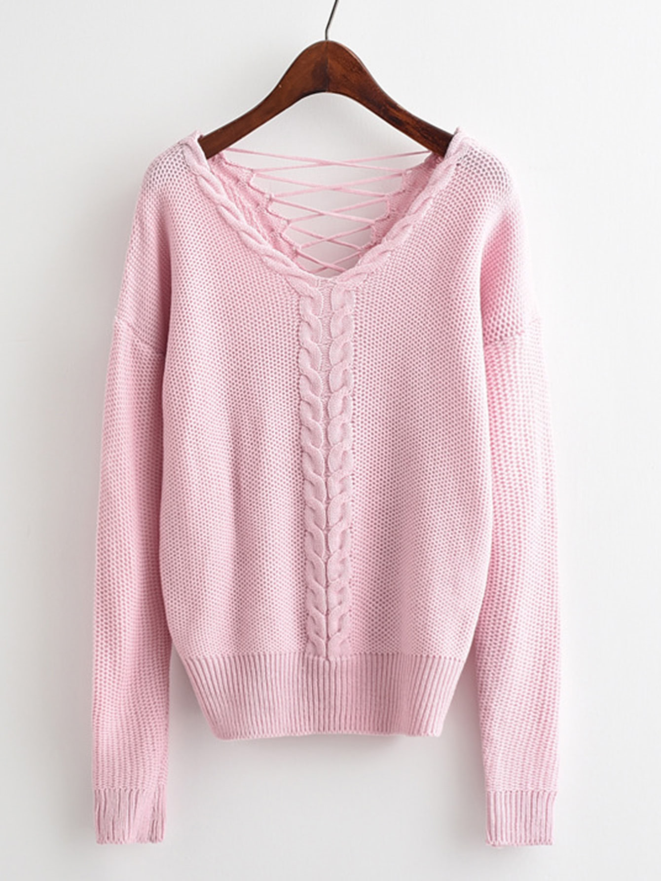 цены Lace Up Open Back Cable Knit Sweater