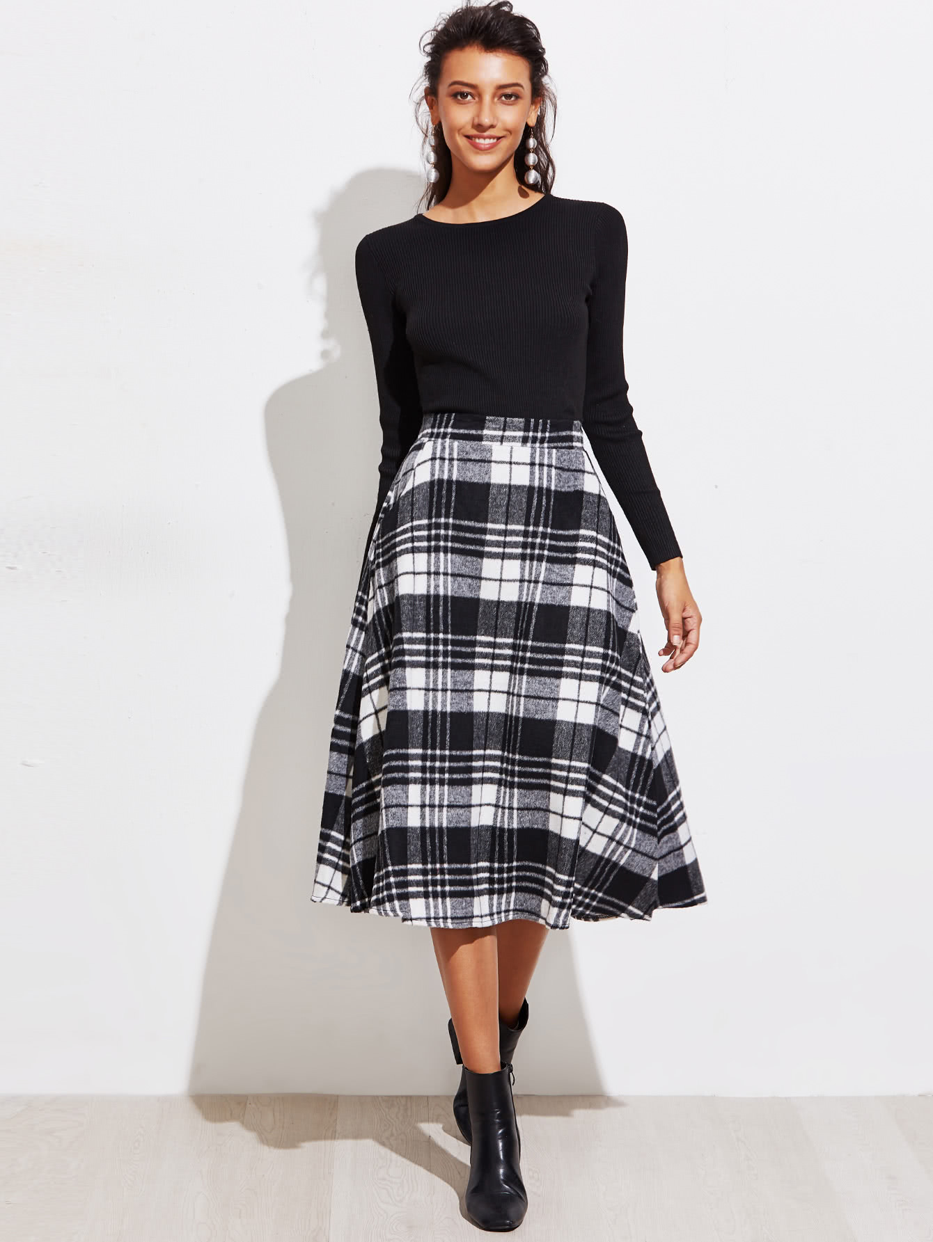 Checkered Tea Length Skirt SheIn(Sheinside)