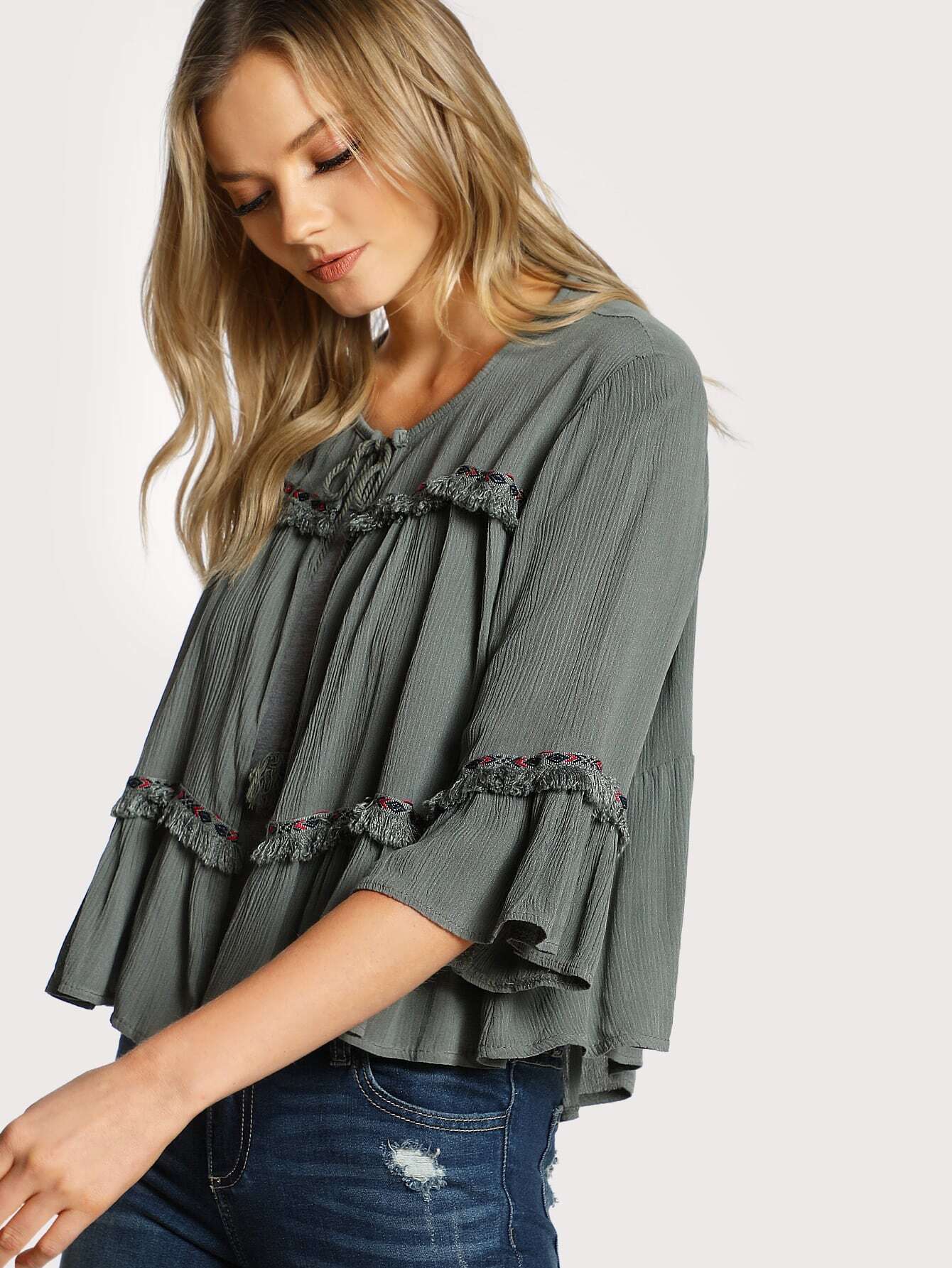 Front Tie Tassel Top GREEN SheIn(Sheinside)