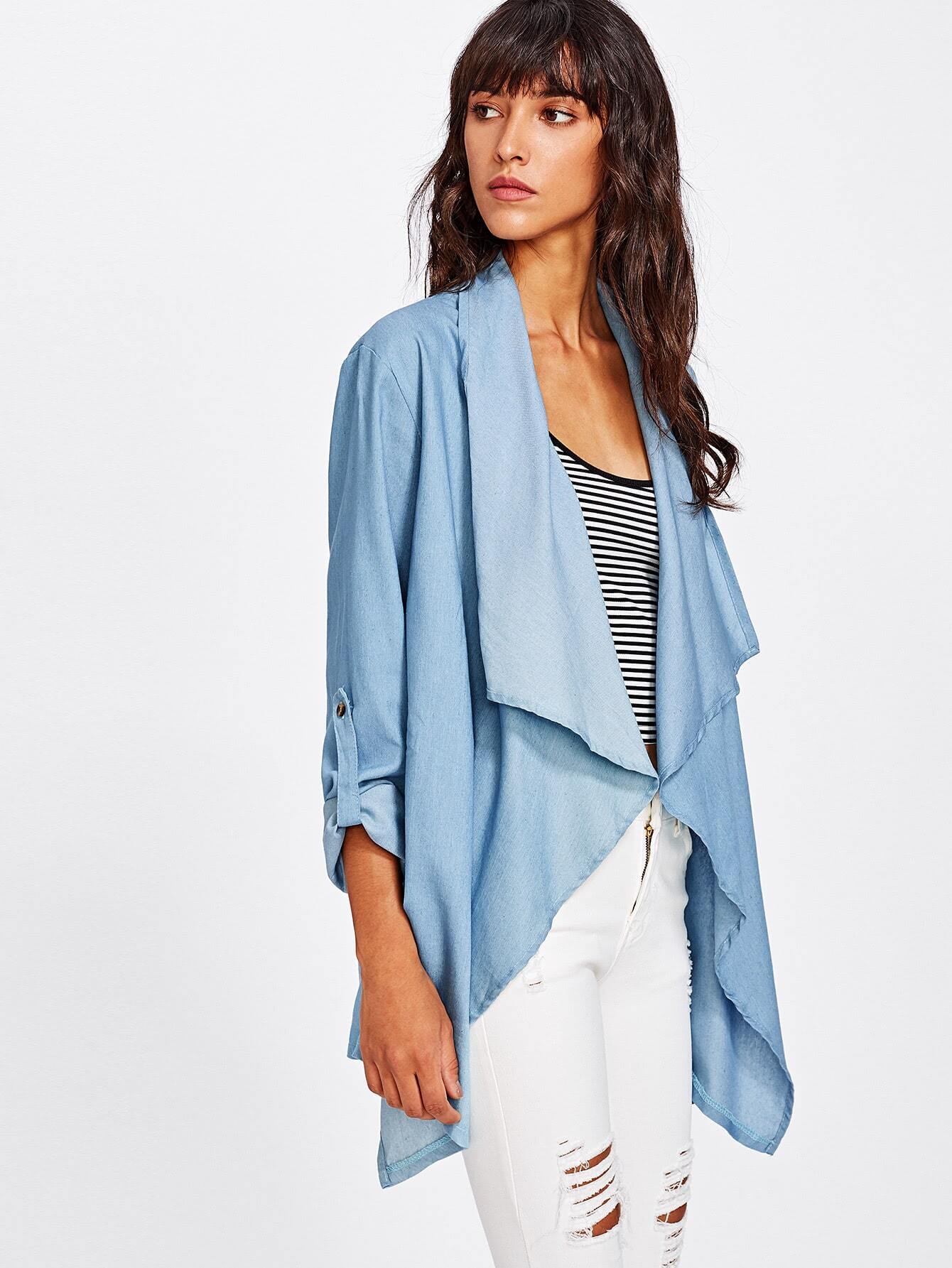 Rolled Sleeve Open Front Draped Coat SheIn(Sheinside)