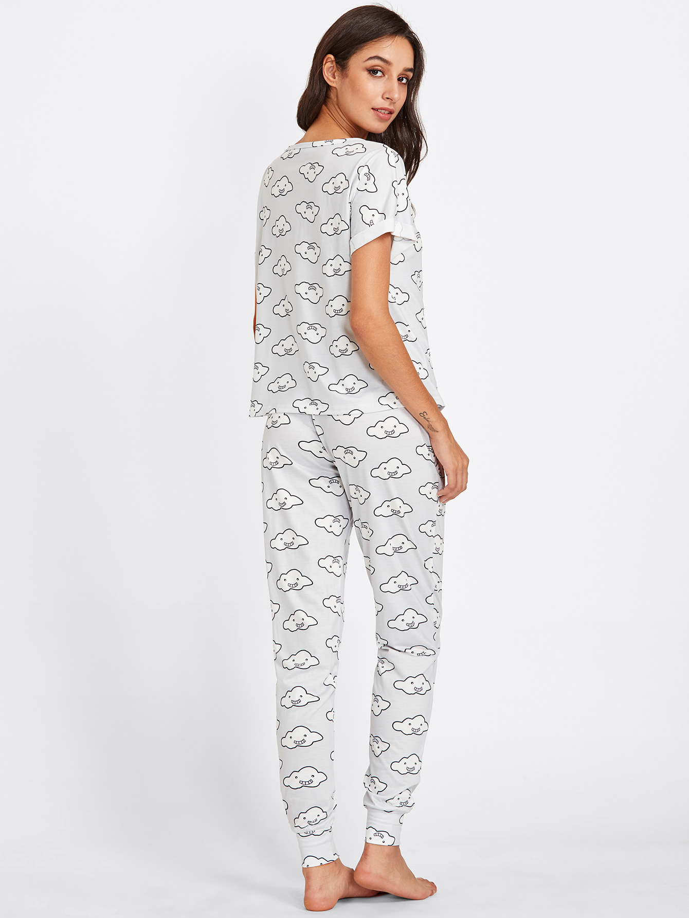 Clouds Print Cuffed Tee & Pants Pajama Set SheIn(Sheinside)