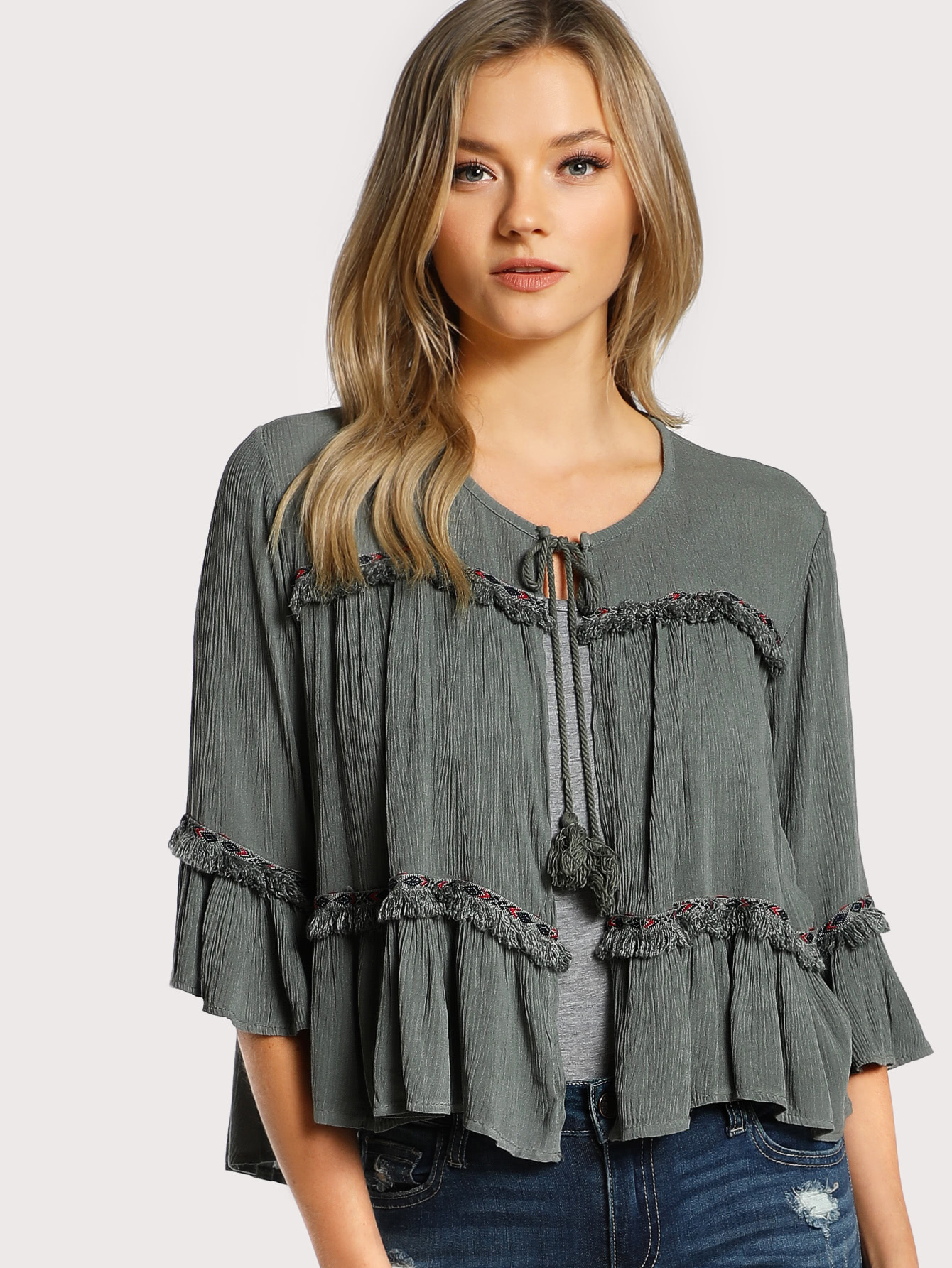 Front Tie Tassel Top GREEN SheIn(Sheinside)