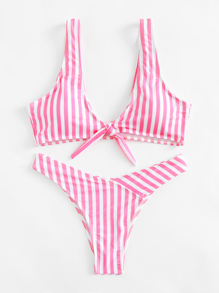 Knot Front Striped Bikini Set