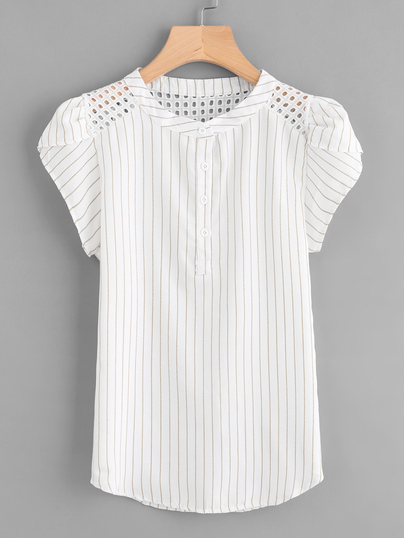 Eyelet Embroidered Panel Petal Sleeve Striped Blouse