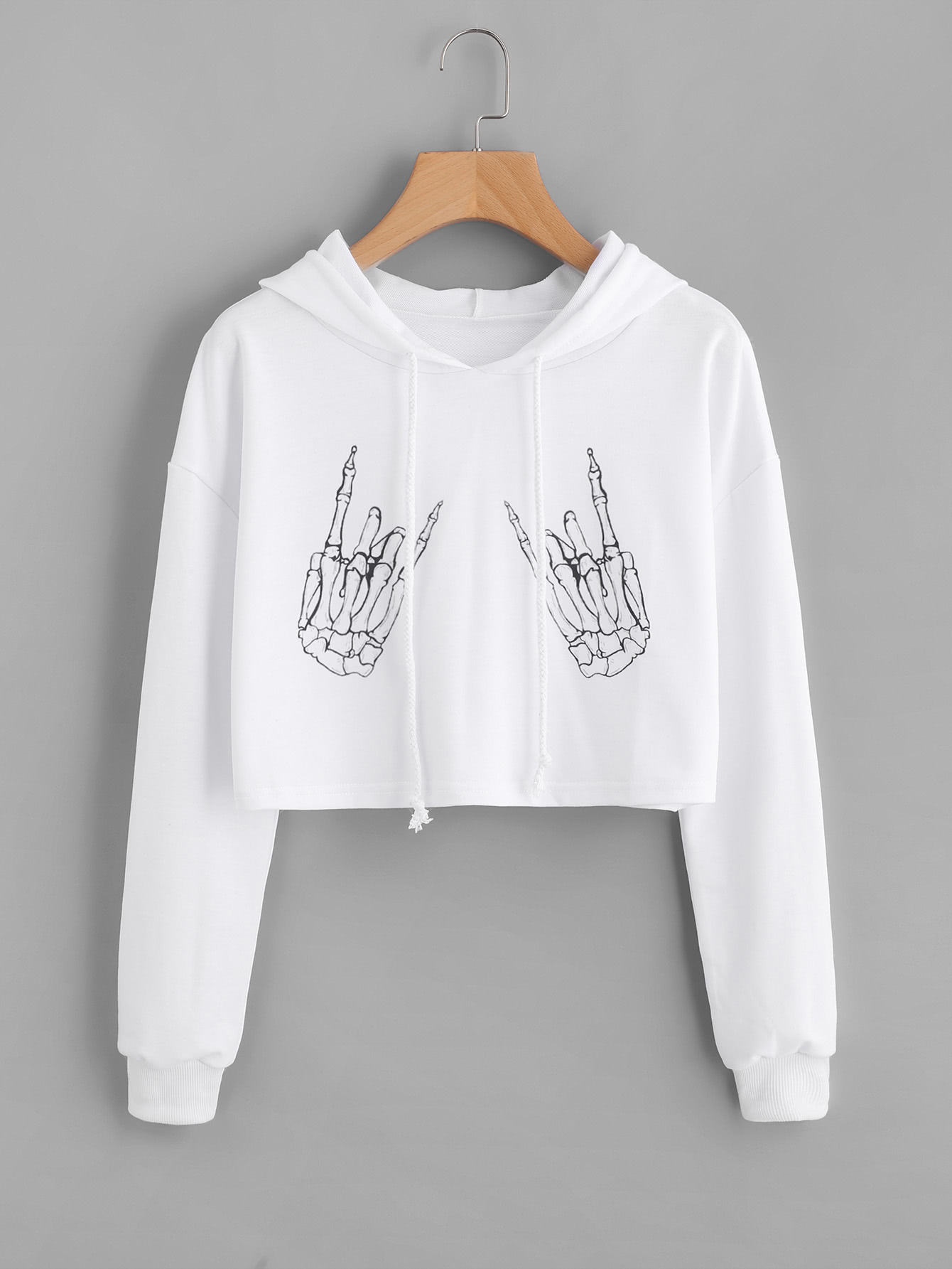 Drop Shoulder Skeleton Hands Printed Crop Hoodie
