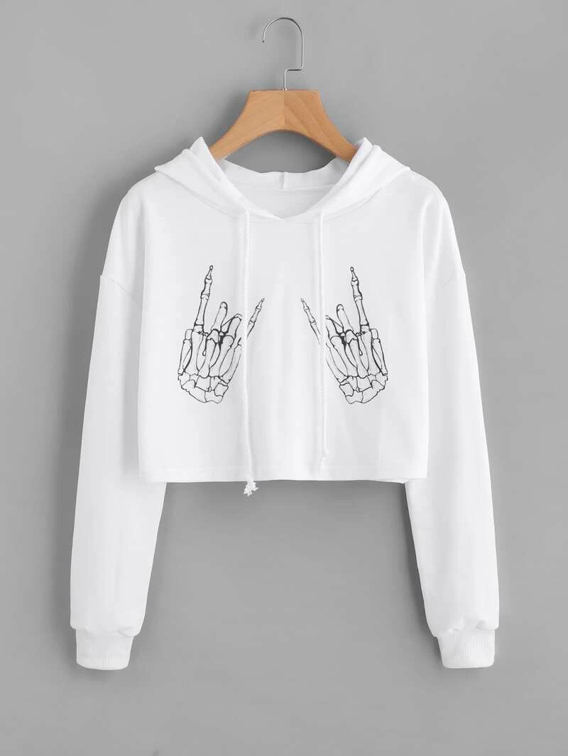 Crop Shoulder Printed Skeleton Hoodie Hands Drop x06qnA7x