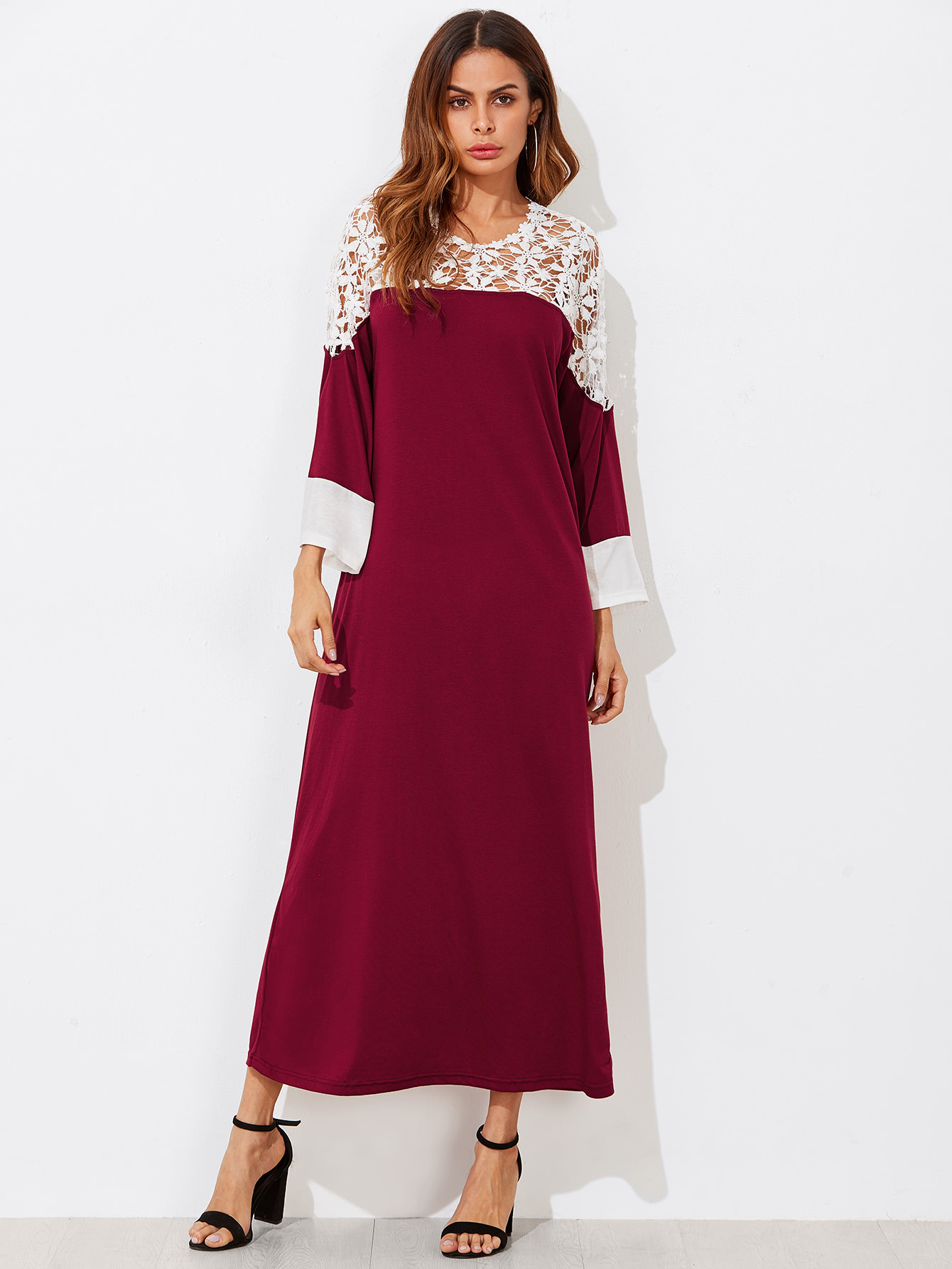 Contrast Hollow Out Crochet Yoke DressFor Womenromwe