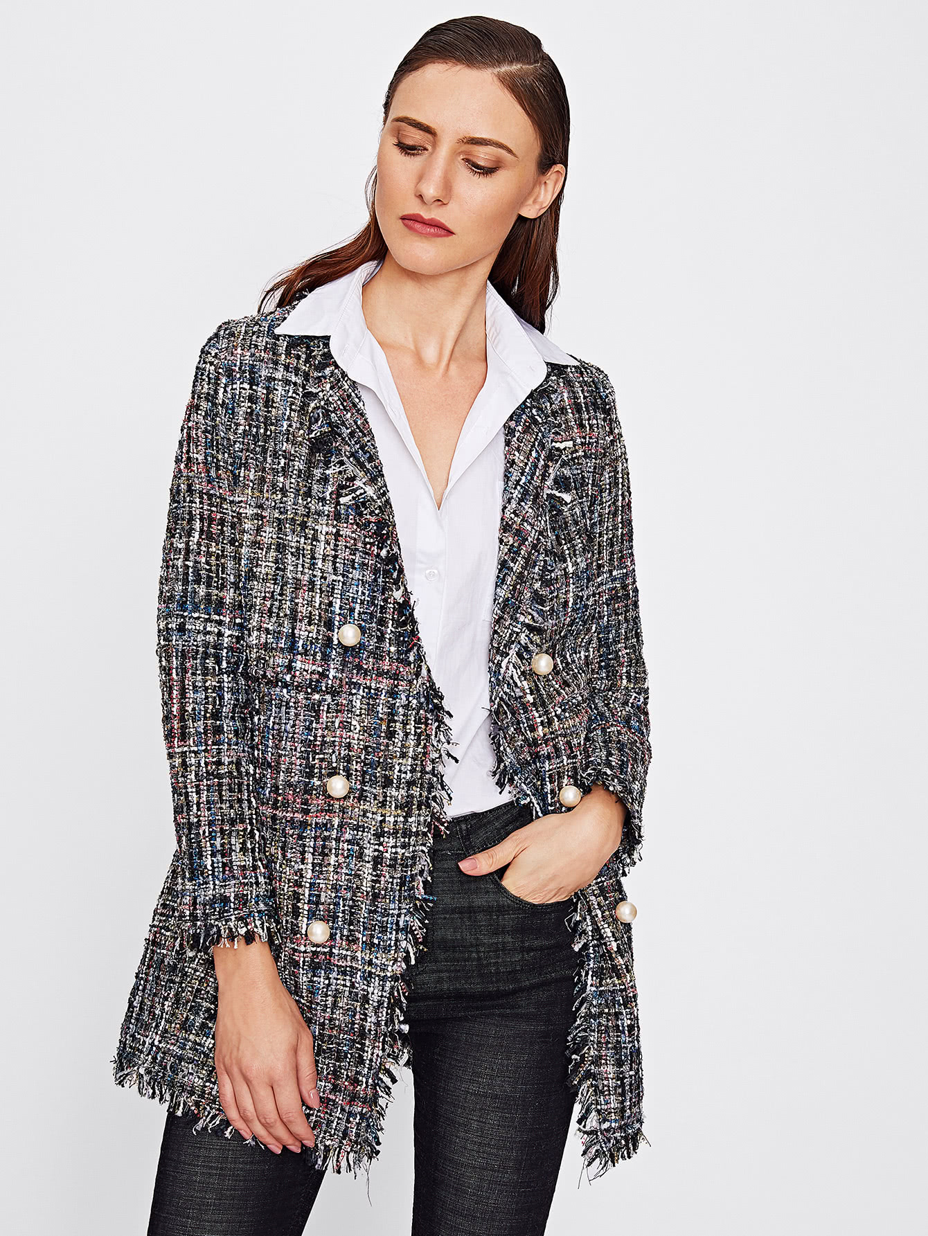 Frayed Edge Tweed Longline Blazer SheIn(Sheinside)