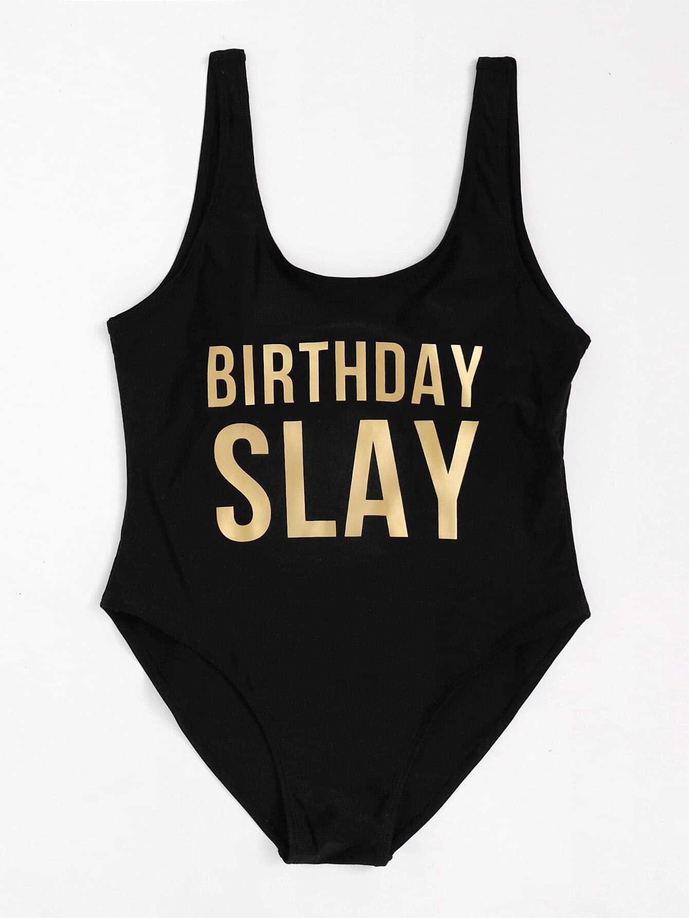 Slogan Print Low Back Swimsuit SheIn(Sheinside)